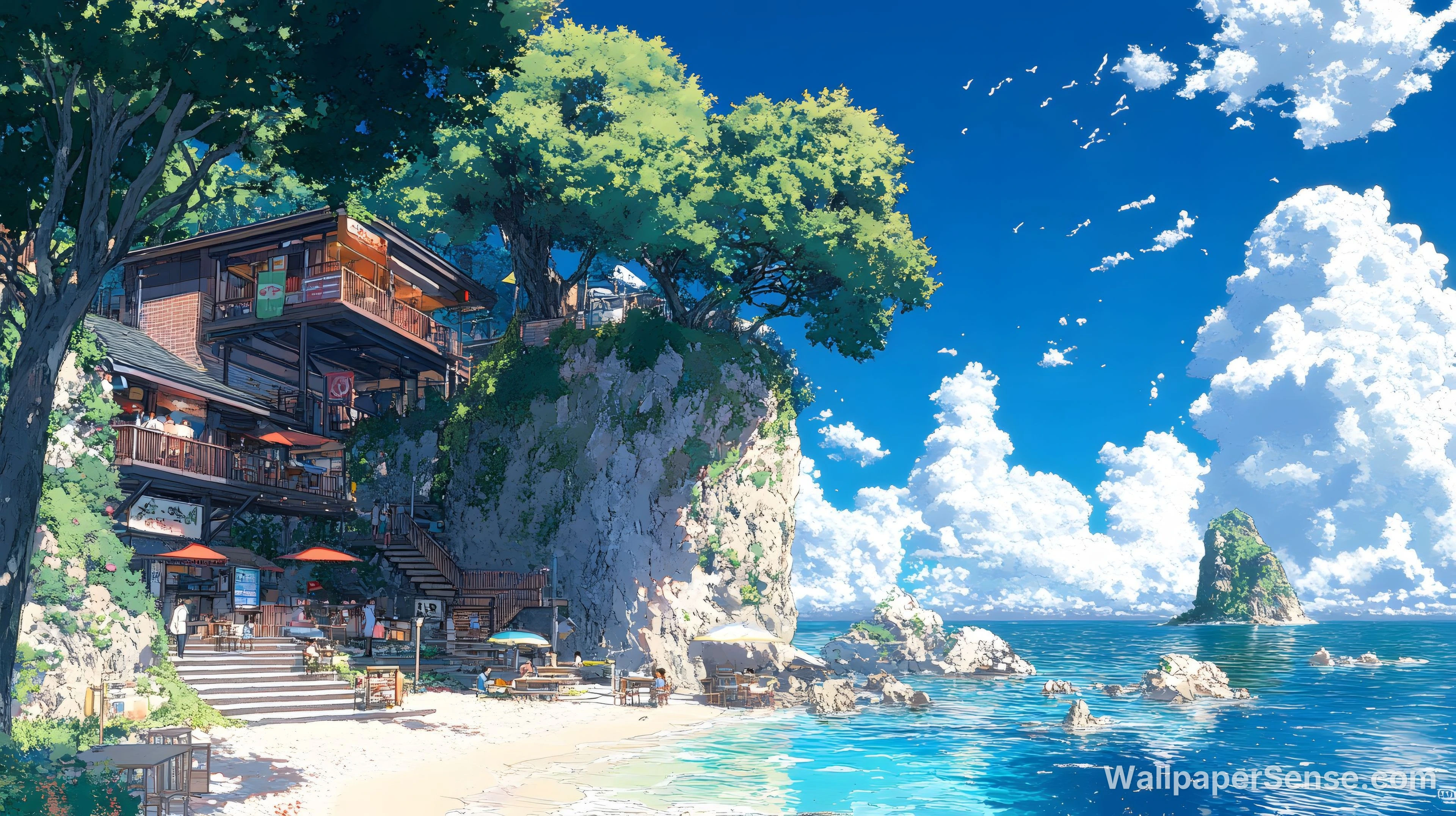 Japansk anime-strandklit-hytte 8K-skrivebordsbaggrund