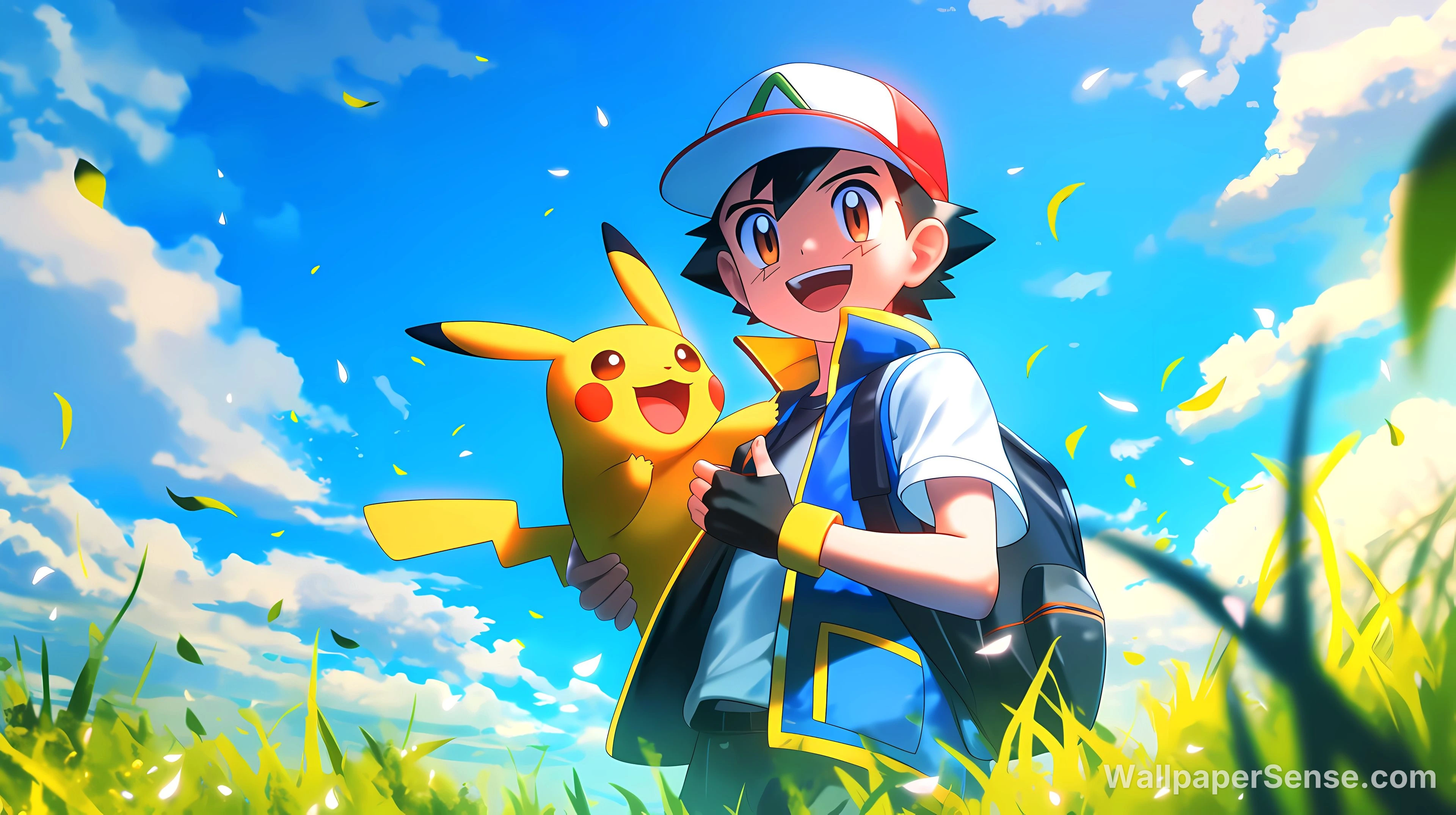 Anime-stil Pokémon-træner og Pikachu 4K skrivebordsbillede