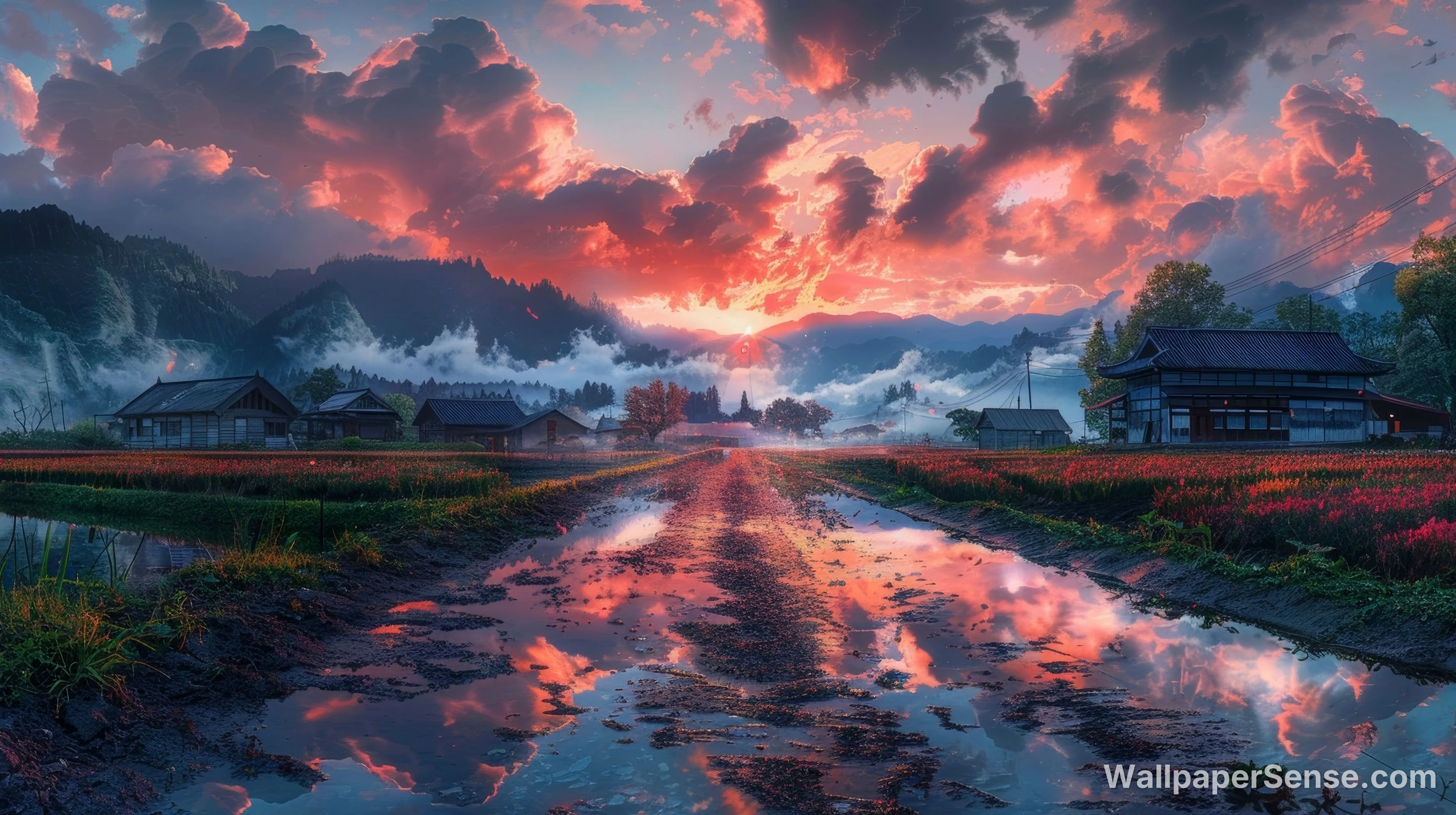 Japonský venkovský západ slunce 8K Ultra HD stěnový papír