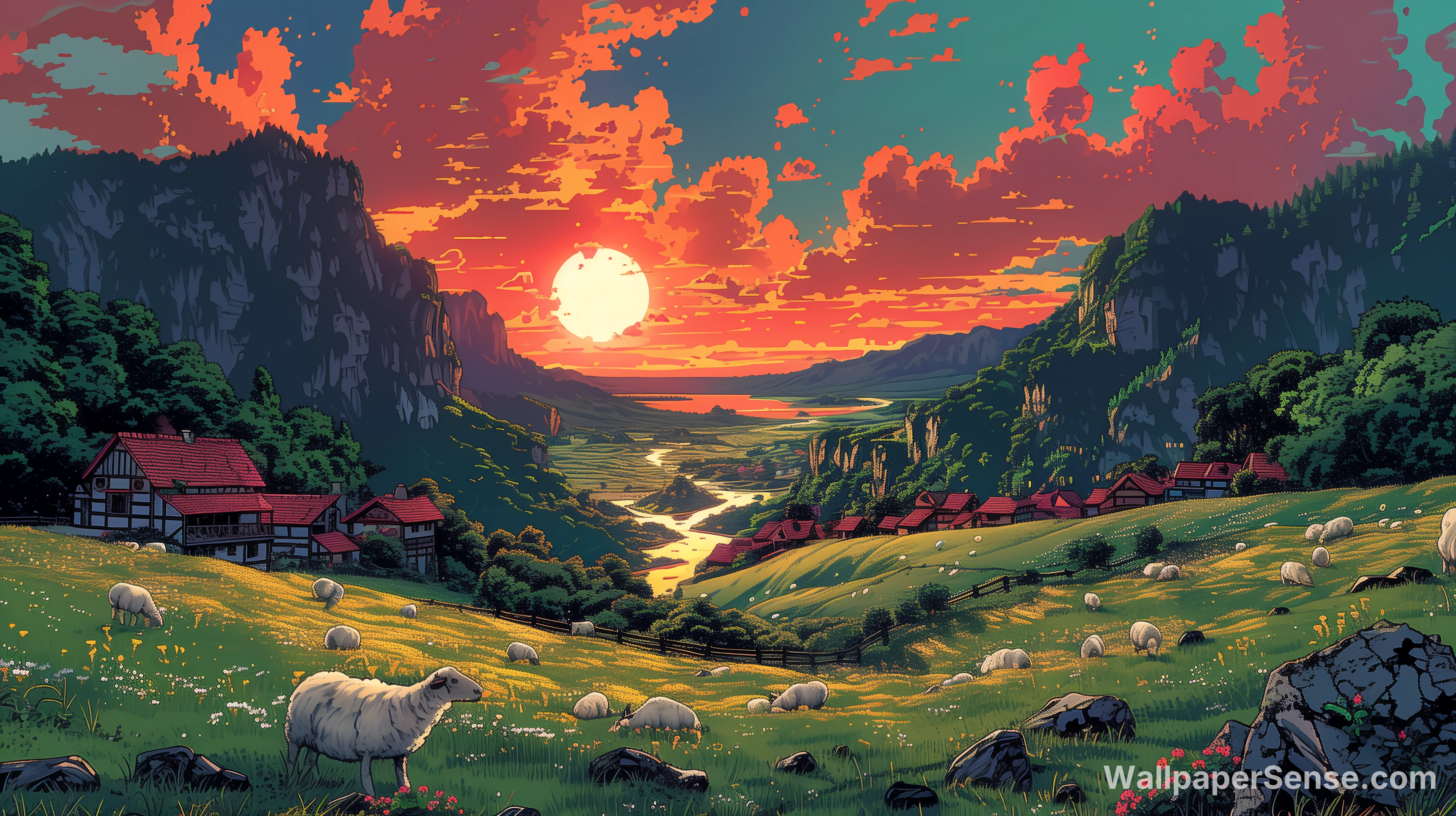 Anime-vallei zonsondergang 8K Ultra HD bureaublad achtergrond
