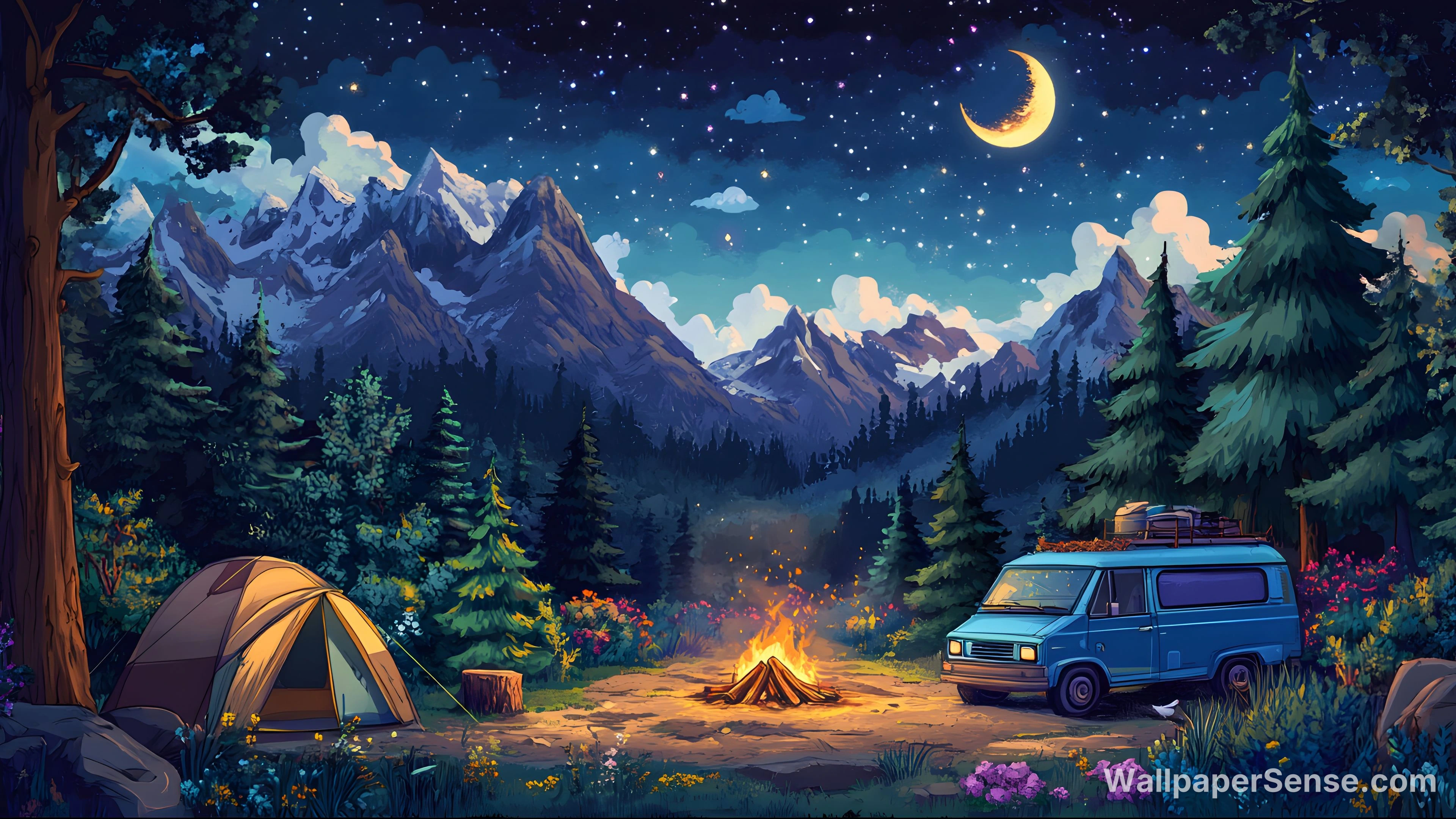 Paisagem Noturna de Acampamento em Estilo Ilustrativo 8K Ultra HD Wallpaper para Desktop