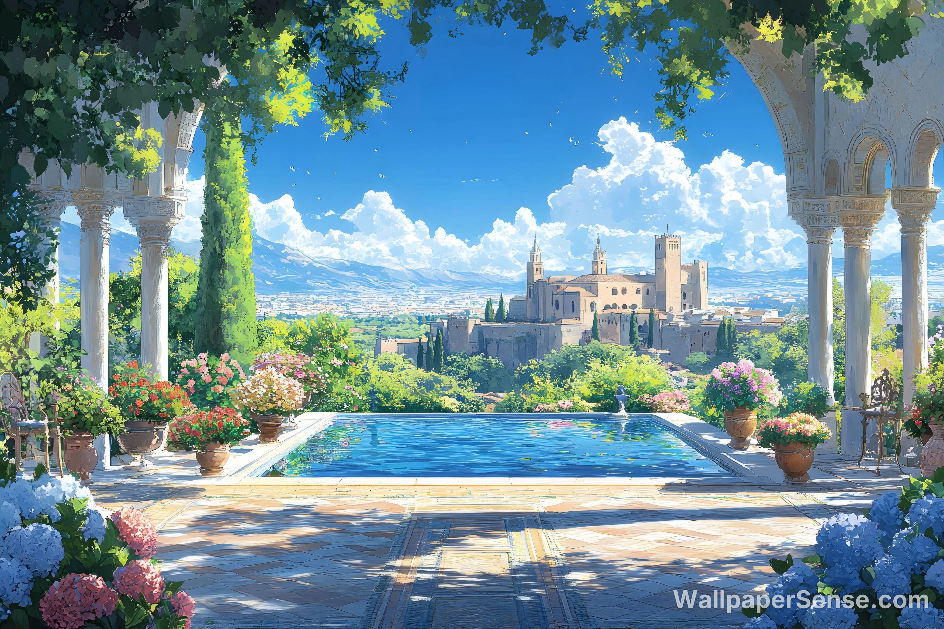 Oriental Garden Courtyard 8K Ultra HD Desktop Wallpaper Pack - Mediterranean Palace Garden 8K Ultra HD Desktop Wallpaper