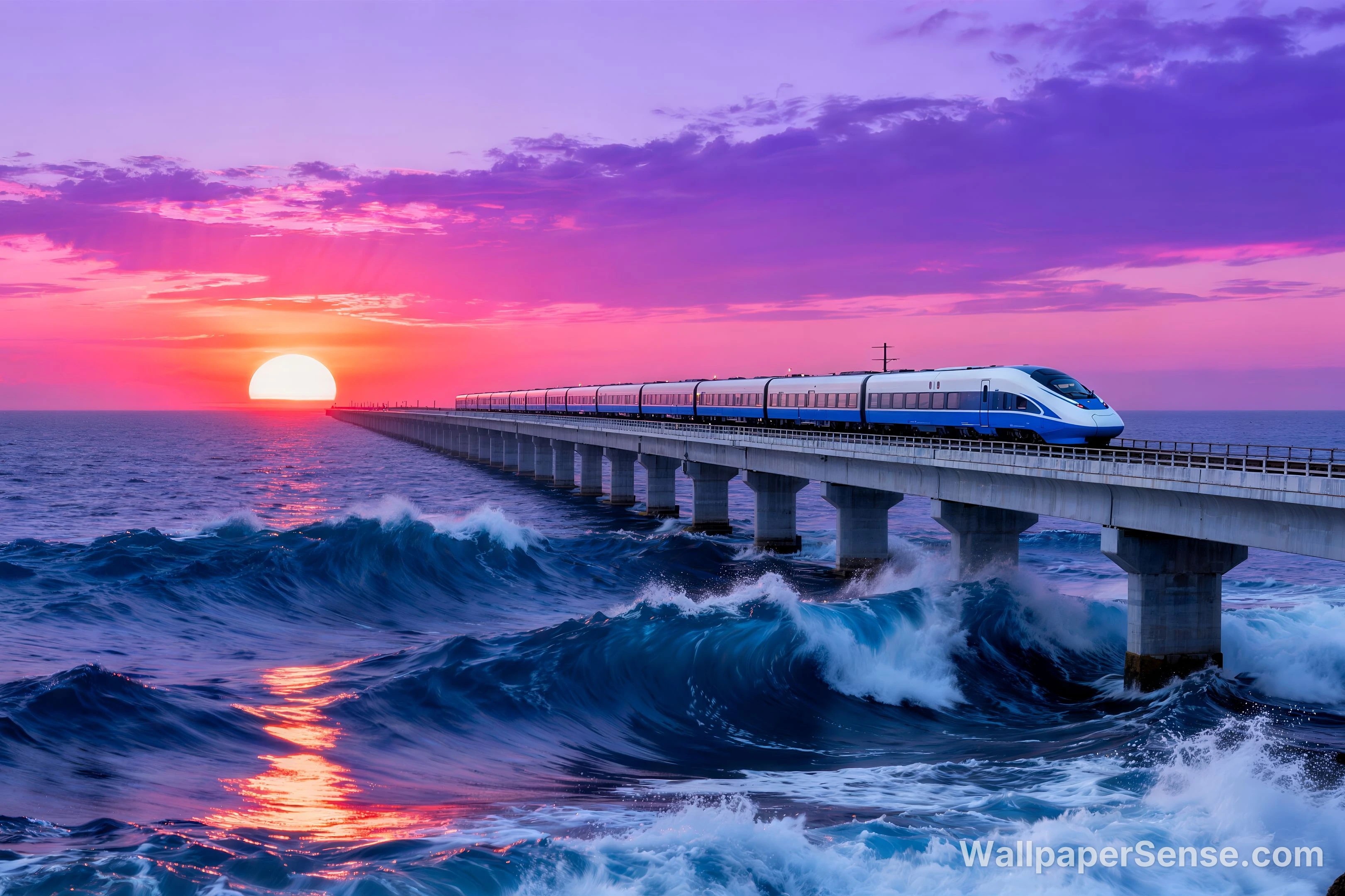 Tramonto sul mare con treno ad alta velocità, Wallpaper desktop 8K Ultra HD
