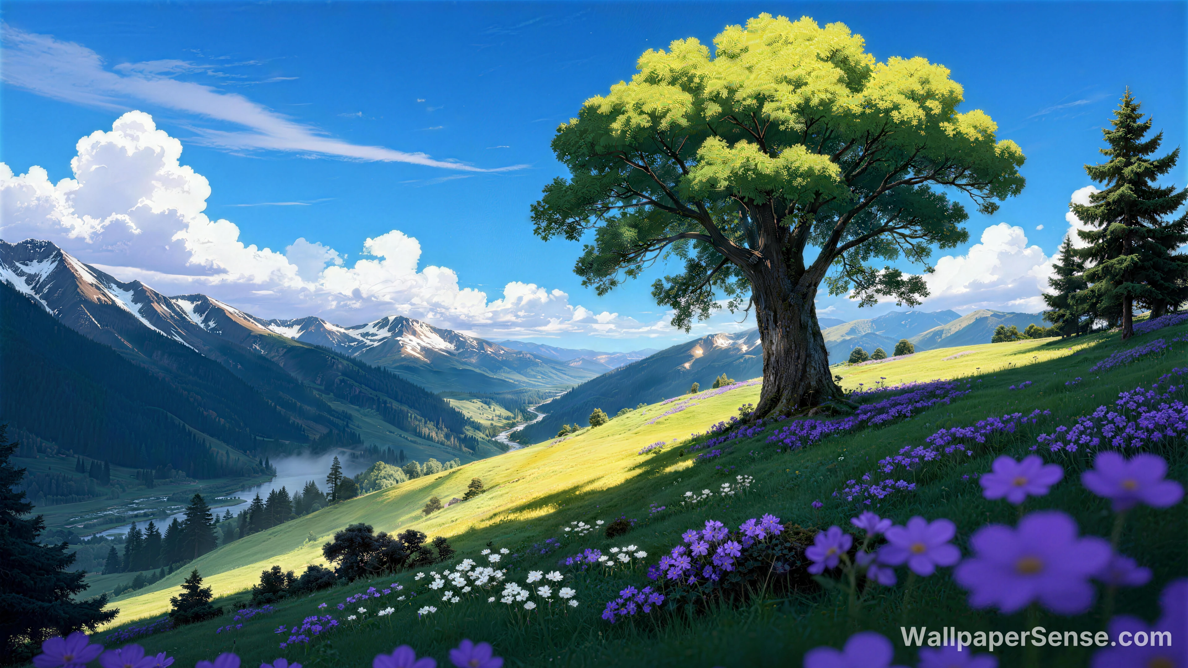 Ghibli-stilistisk dalträd 8K-skärmbakgrund - Premium wallpaper in 8192x4608 resolution