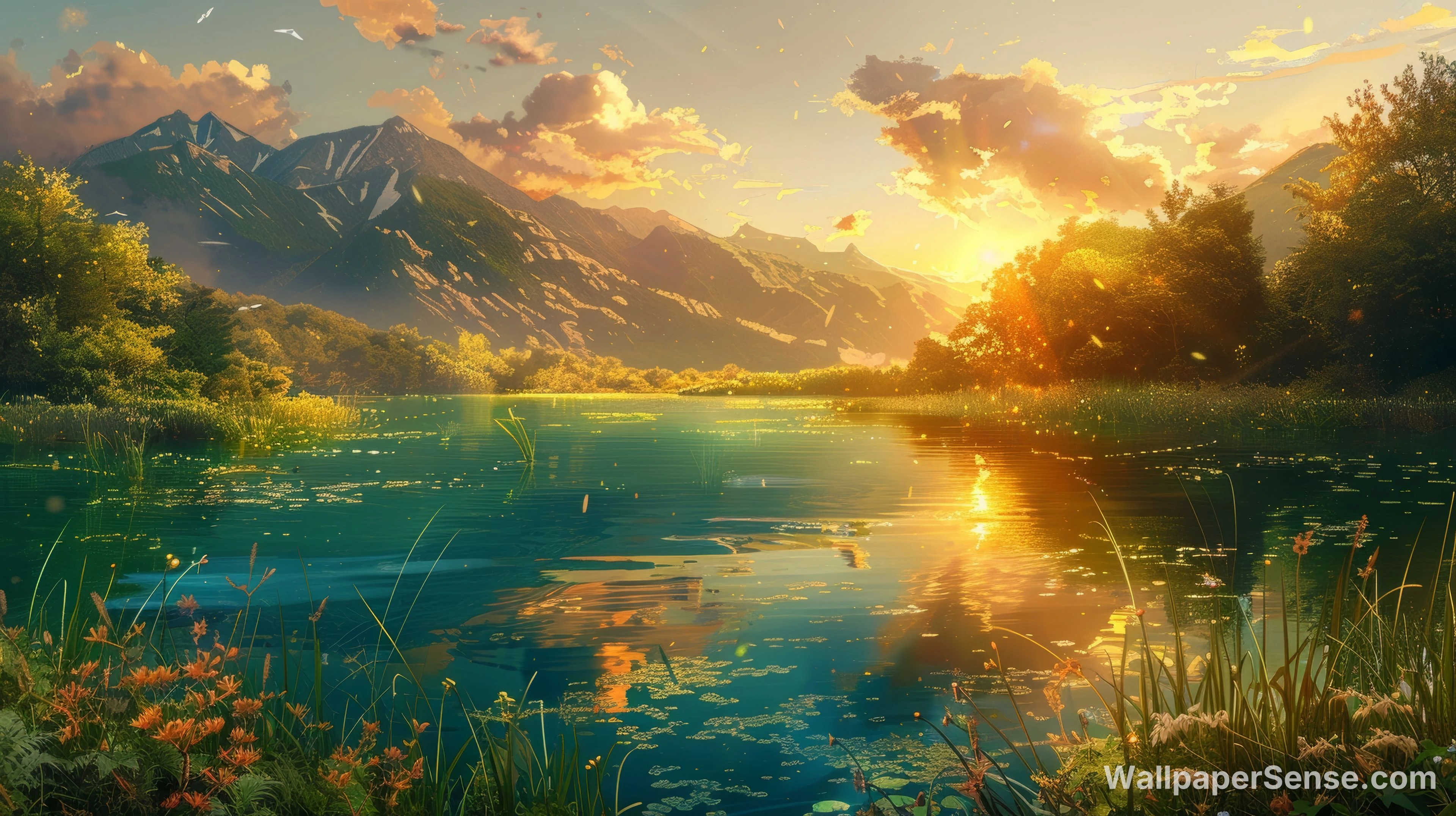 Orientální umění horské jezero západ slunce 8K Ultra HD stolní pozadí