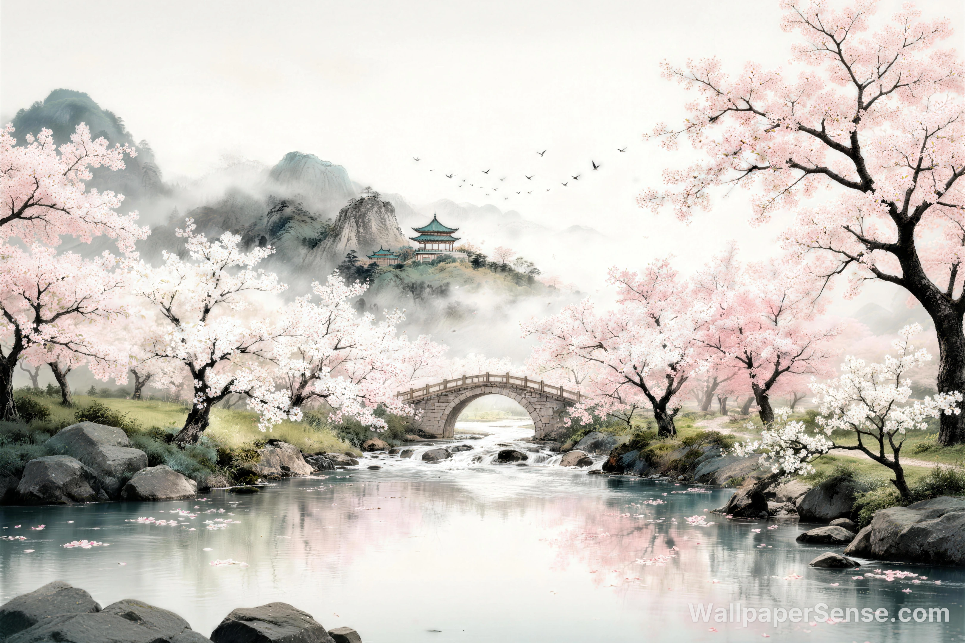 Kinesisk stil: kirsebærblomster og bekkestrøm 8K-skjermbakgrunn - Premium wallpaper in 8192x5462 resolution