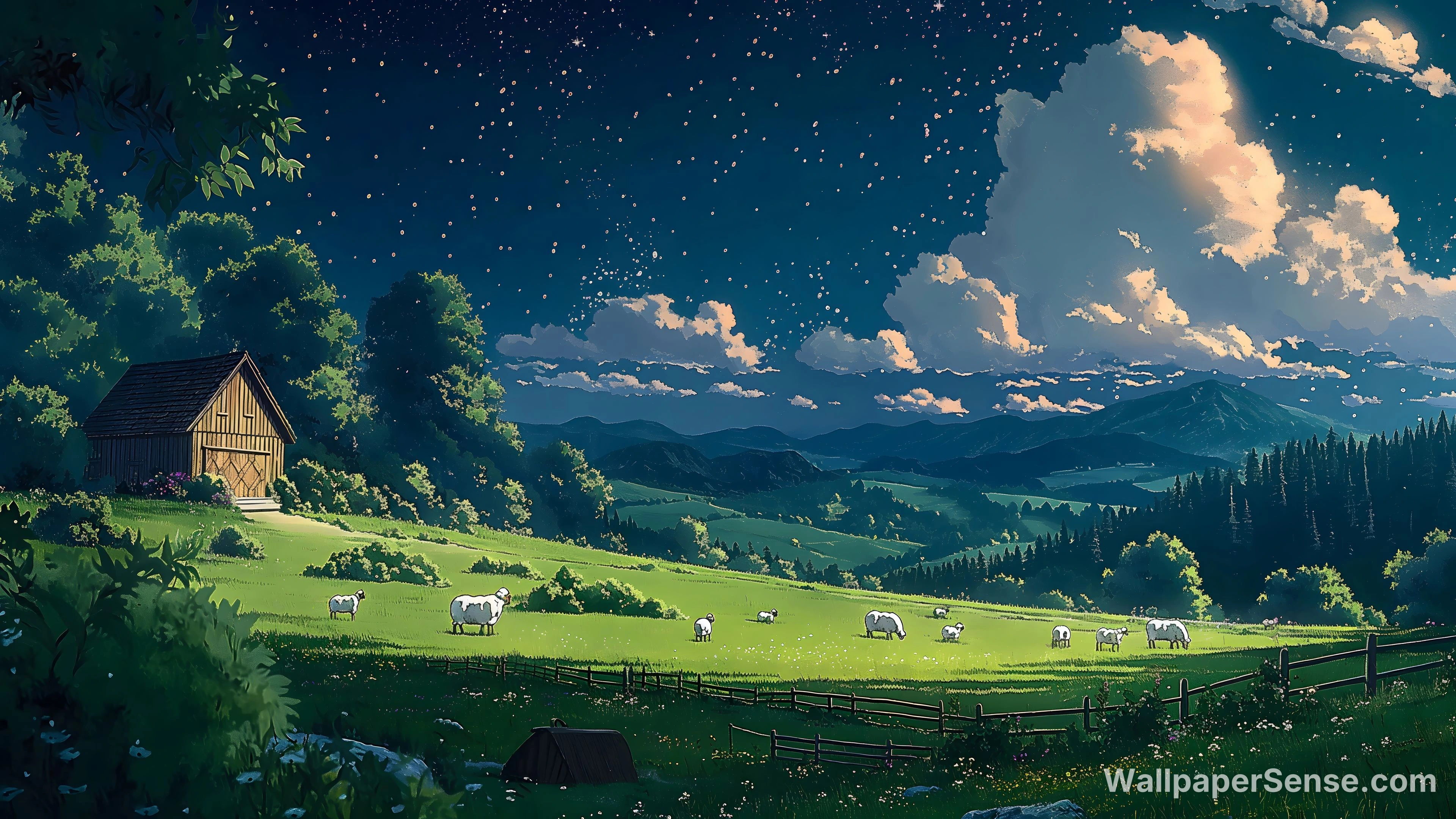 8K Serene Countryside Night Scene Desktop Wallpaper