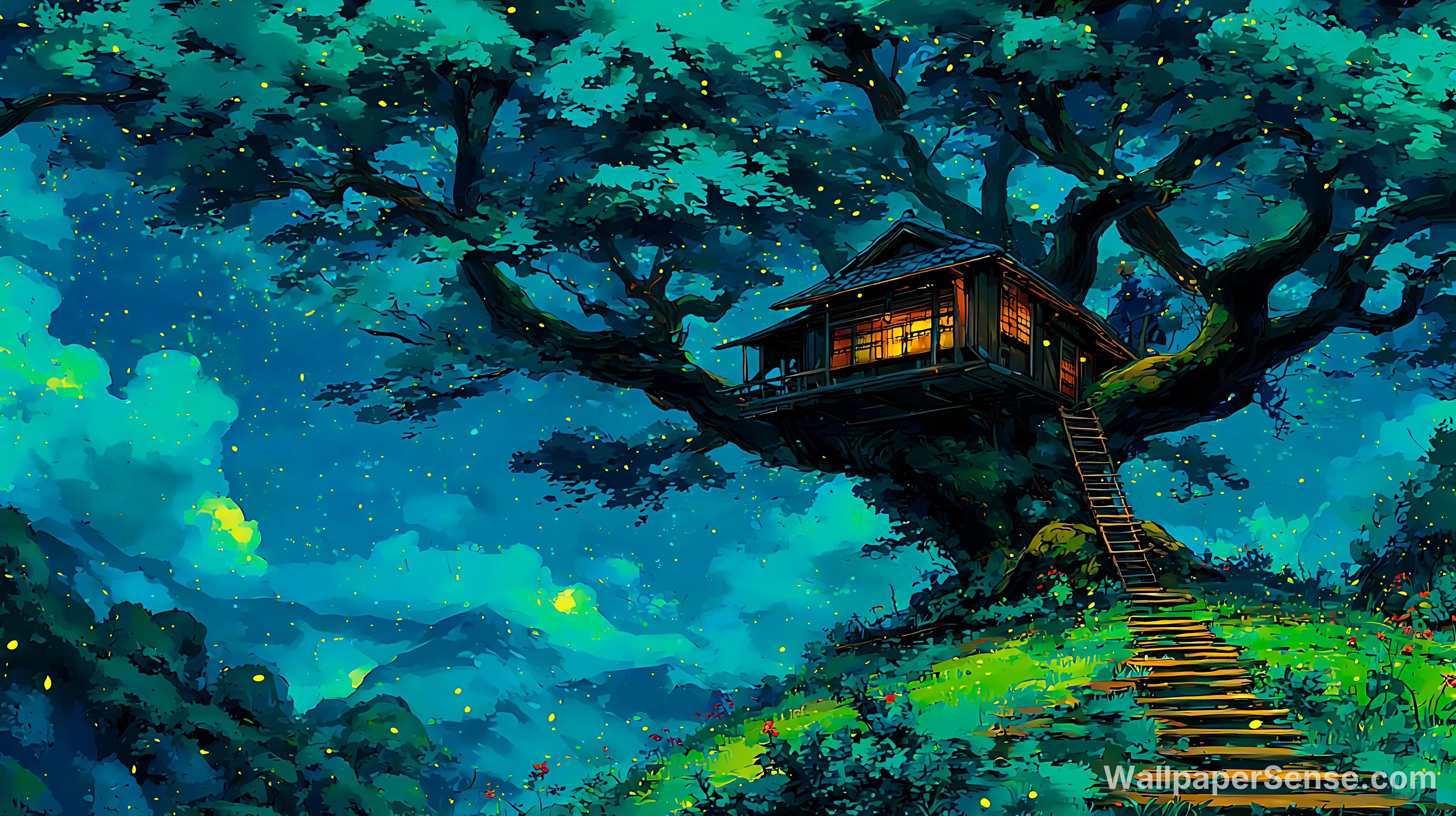 Japonské anime stromové domečky v noci 4K 8K Ultra HD sbírka pozadí - Japonský fantasy dřevěný domek 4K stolní pozadí