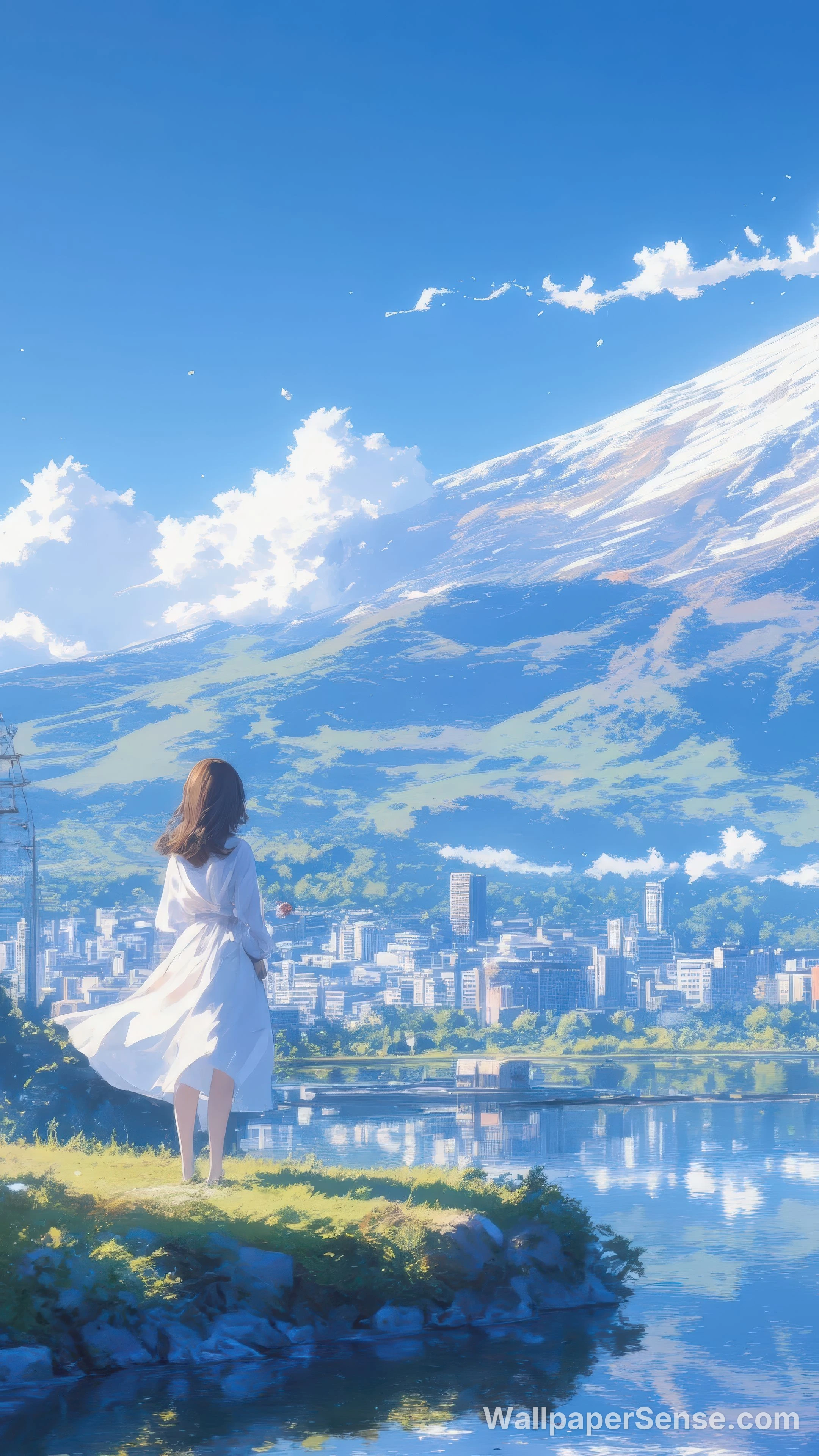 富士山のアニメ風少女 8K超高解像度スマホ壁紙 - Premium wallpaper in 2880x5120 resolution
