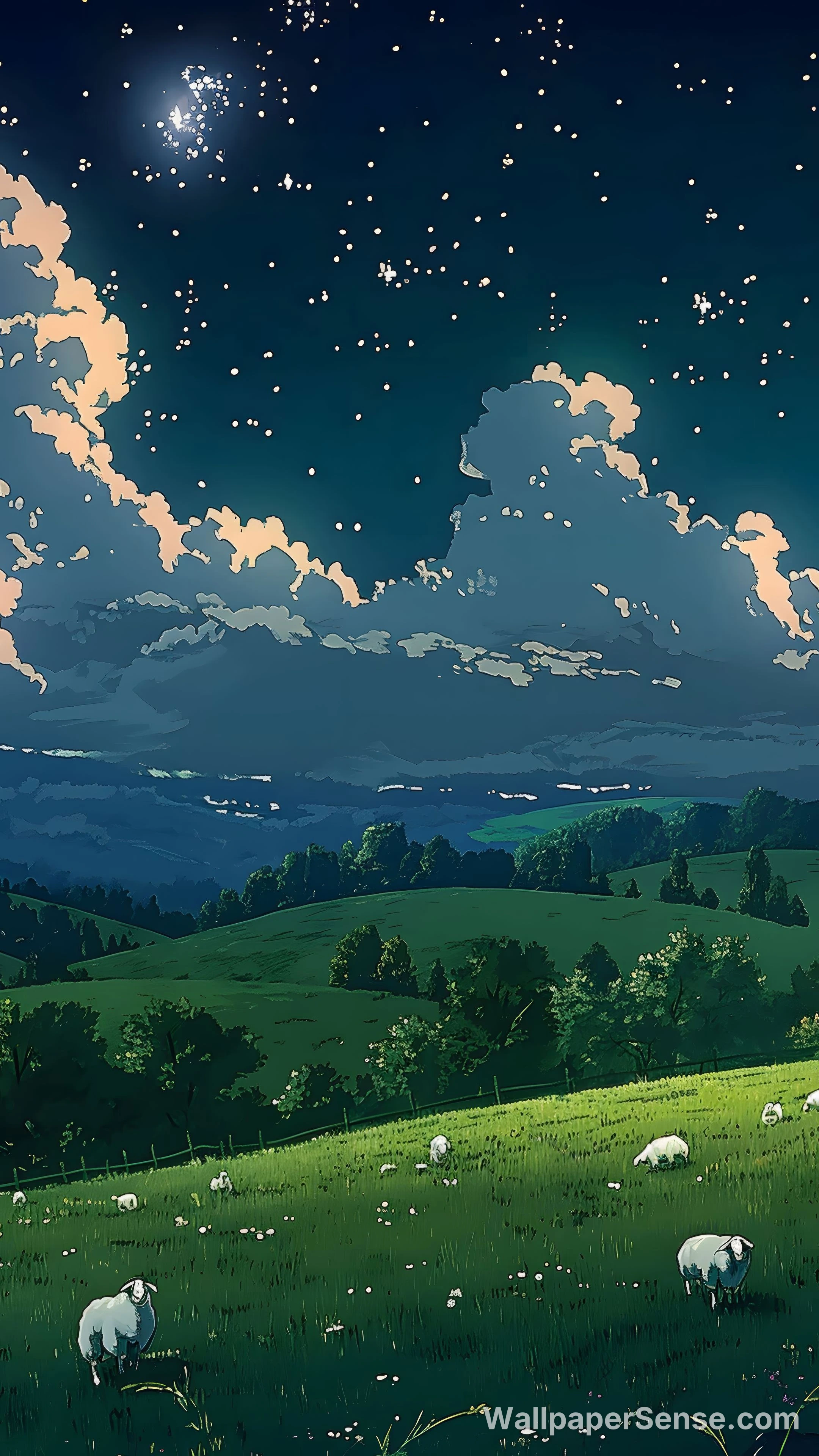 Miyazaki-Style Night Sky Meadow 8K Desktop Wallpaper