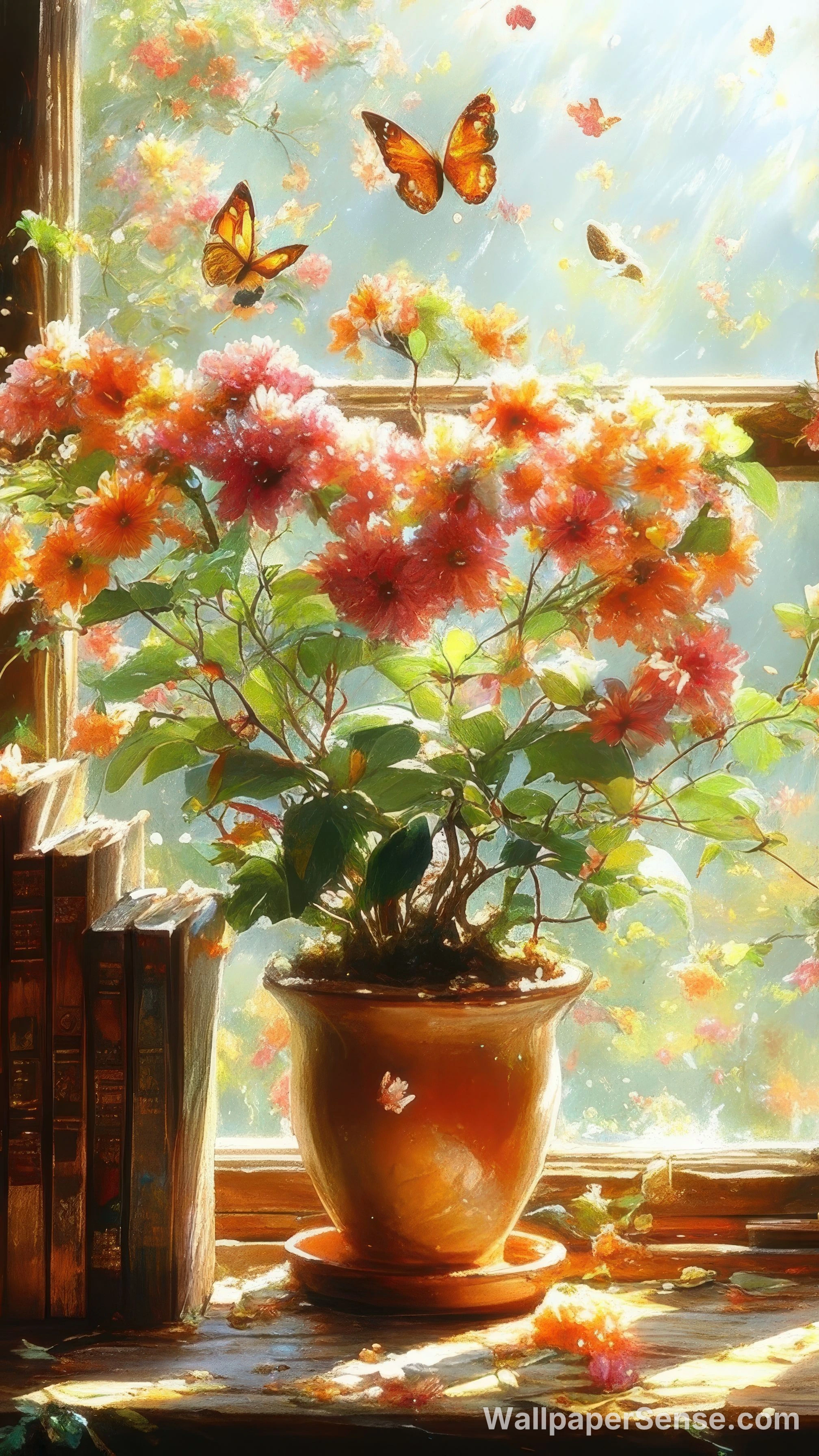 日式花卉窗边场景 4K 手机壁纸 - Premium wallpaper in 2016x3584 resolution