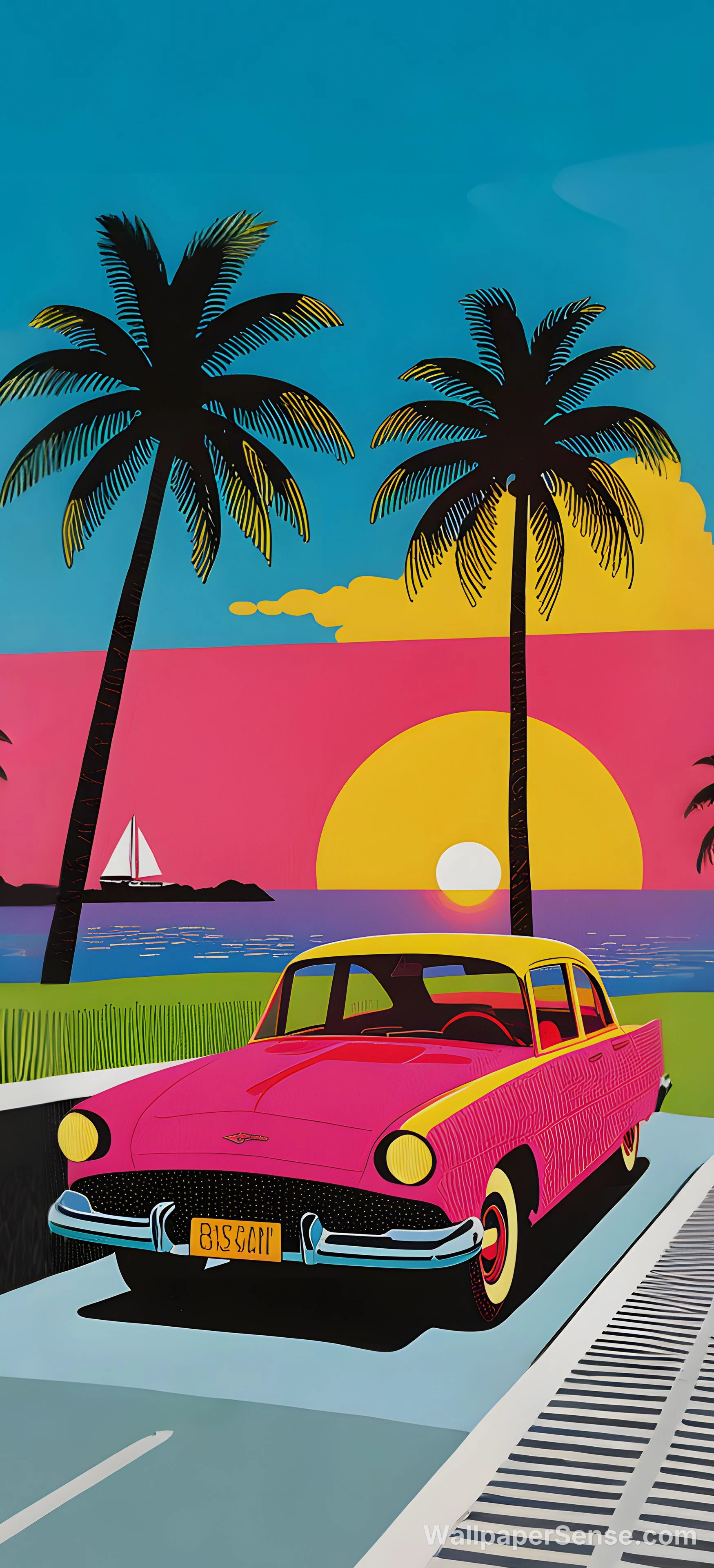 Paysage tropical rétro avec voiture 8K Ultra HD pour téléphone