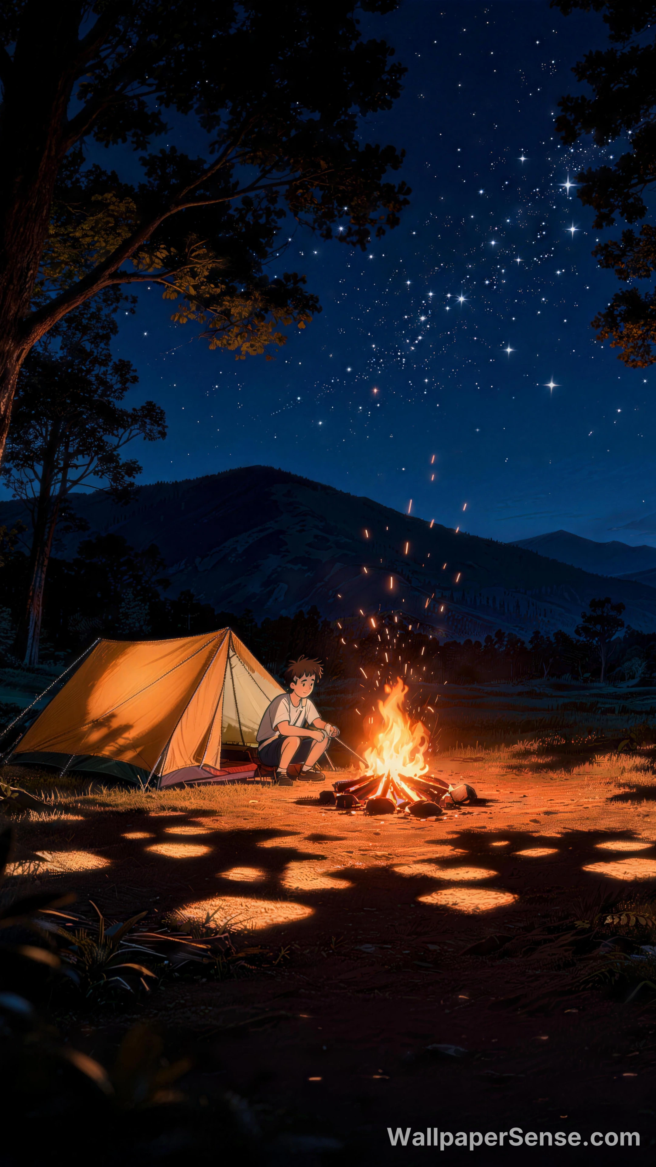 Japansk anime-camping med bål 8K-skærmhjemmeside