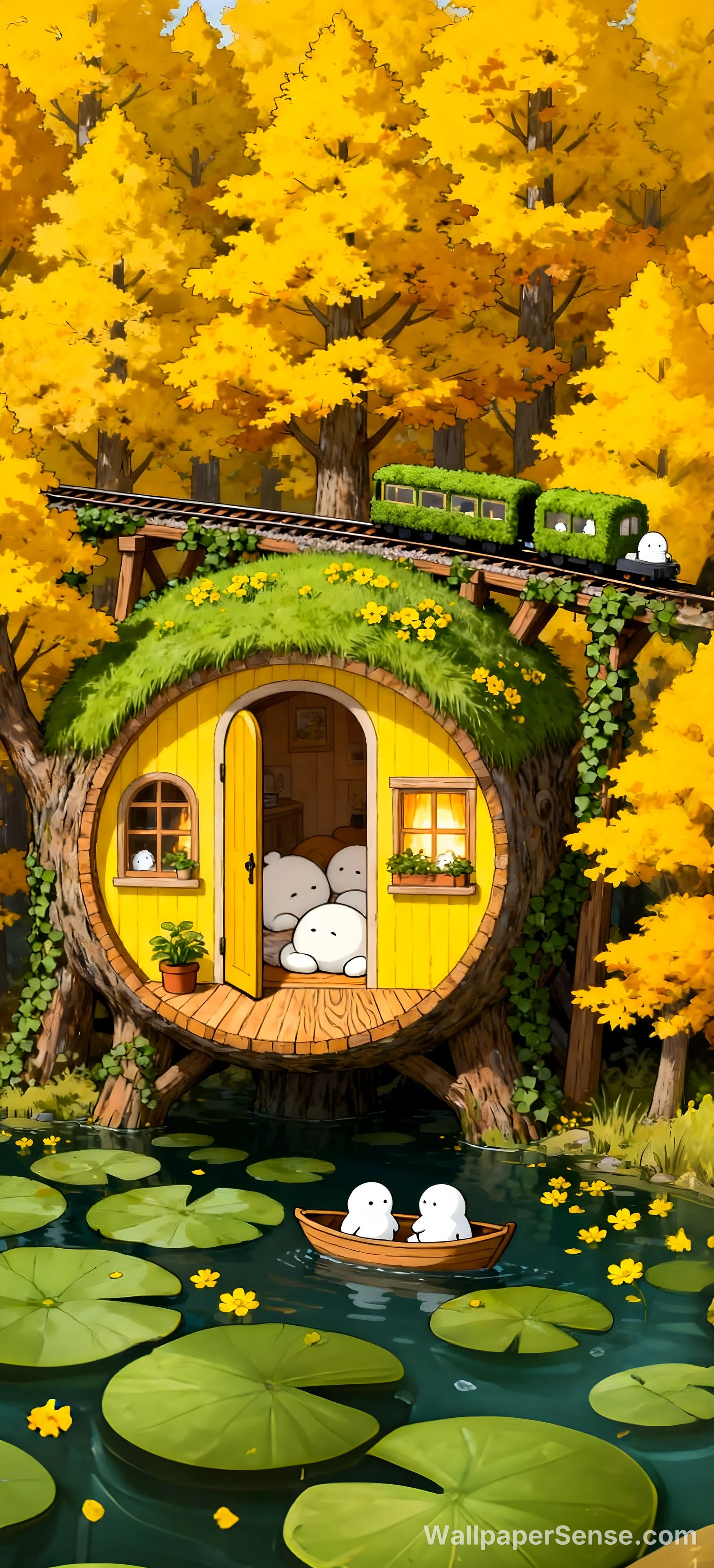 Anime-ikävä talo syksyn metsässä 8K Ultra HD -puhelimen taustakuva