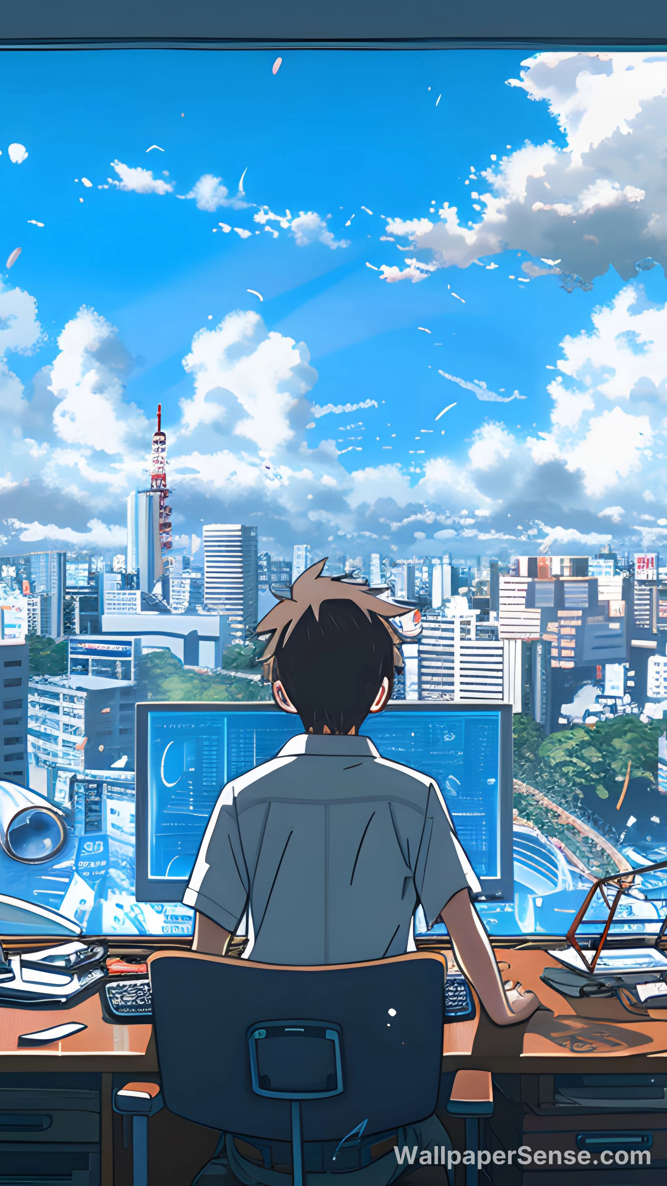 Paisaje urbano de anime desde la vista de una mesa 8K Ultra HD para teléfono
