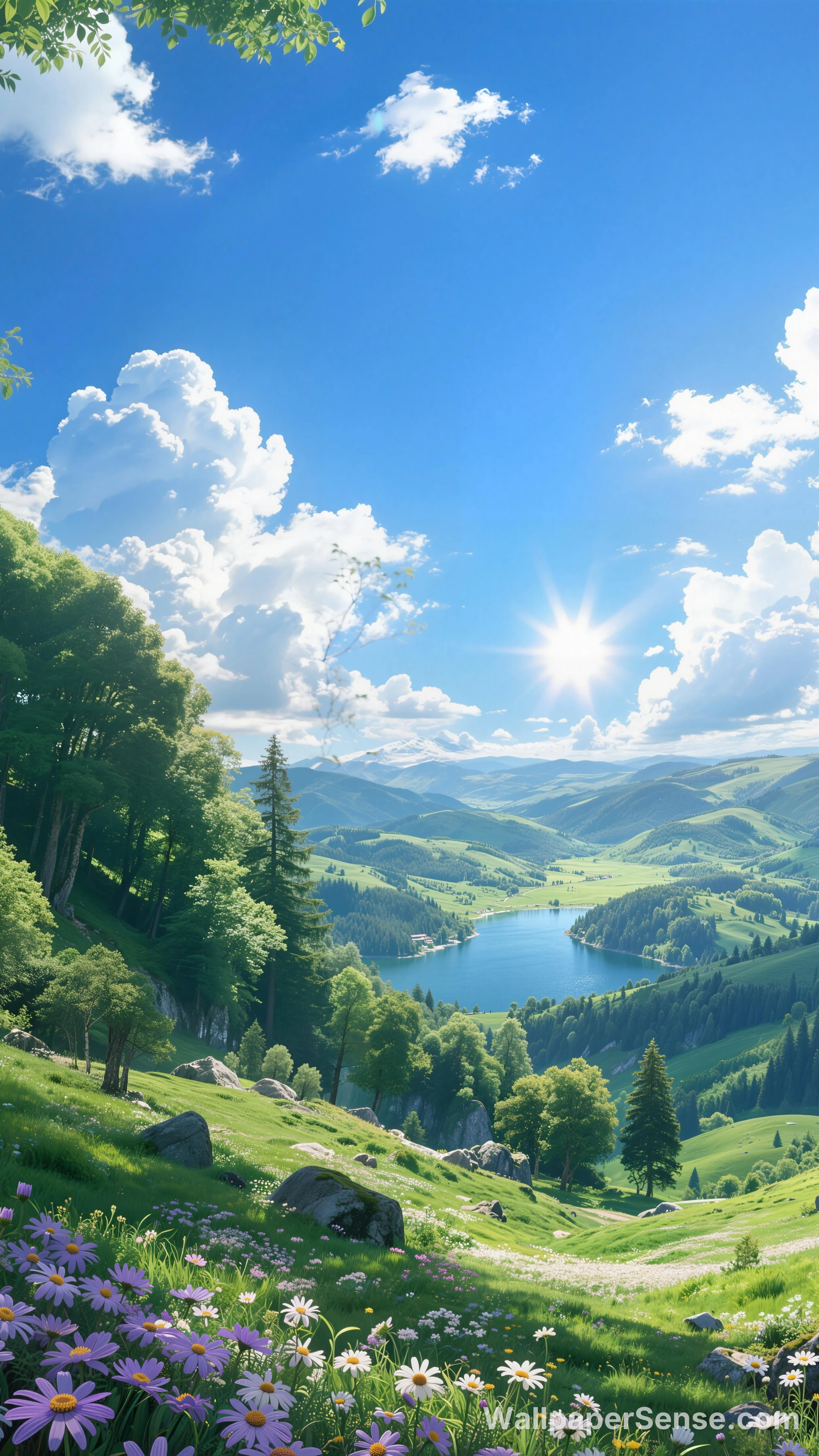 Paisagem de Vale e Lago no Estilo Anime, Papel de Parede para Desktop em 8K - Premium wallpaper in 3280x5830 resolution