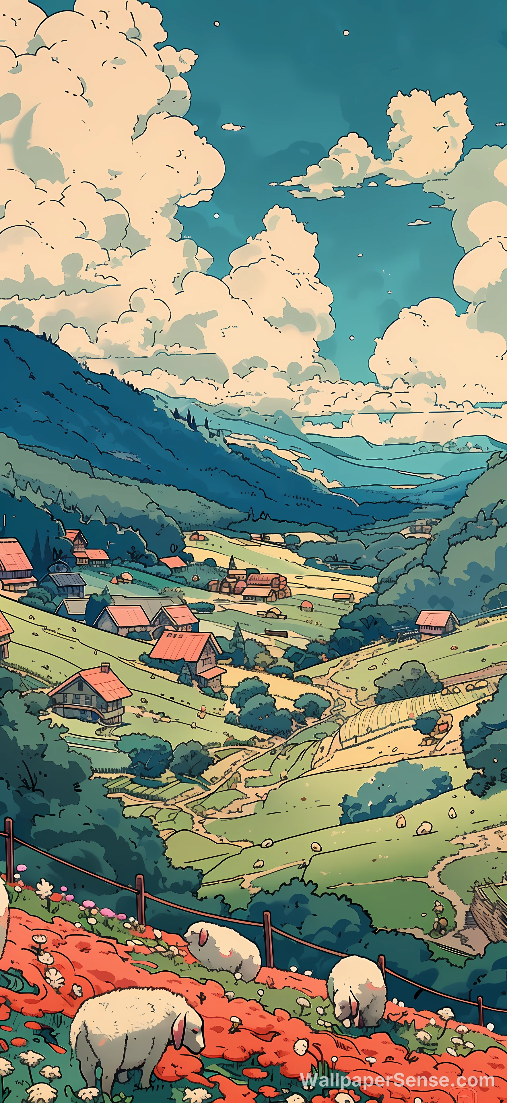 Studio Ghibli Style Mountain Village 8K Ultra HD Telefonní Povrch