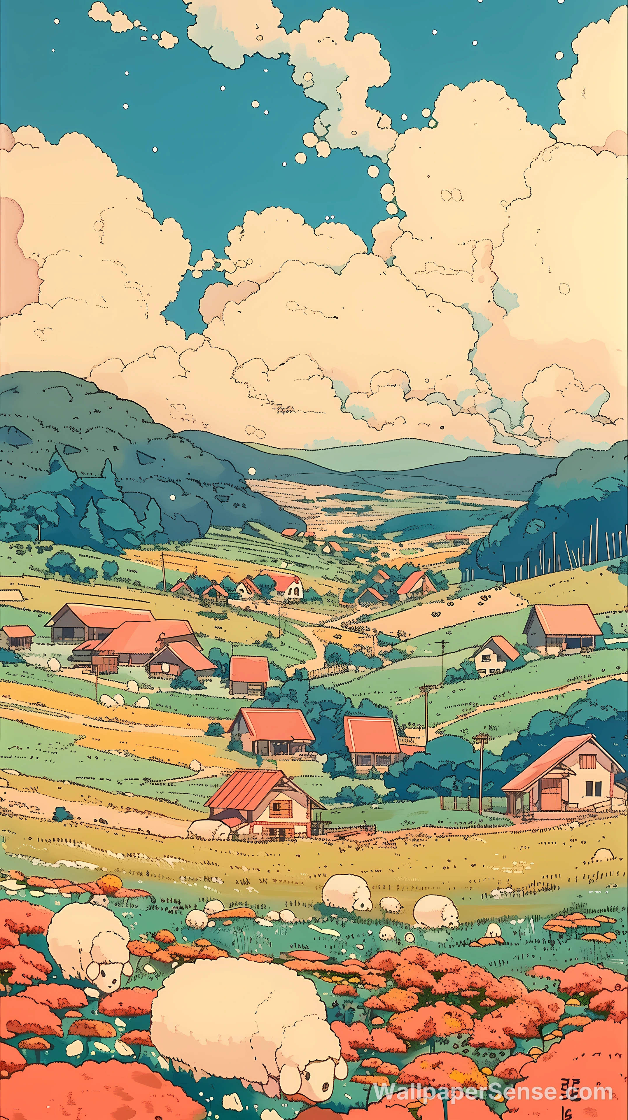Japonský anime vesnička 8K ultra HD mobilní pozadí