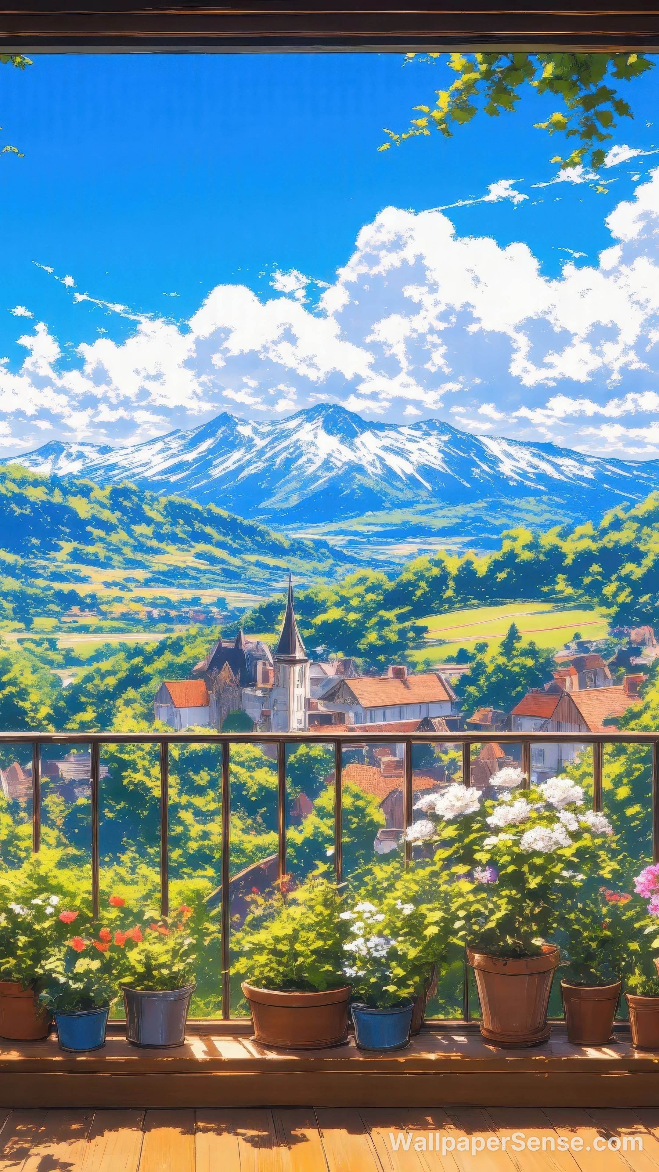 Anime vesnice v údolí 8K ultra HD mobilní pozadí