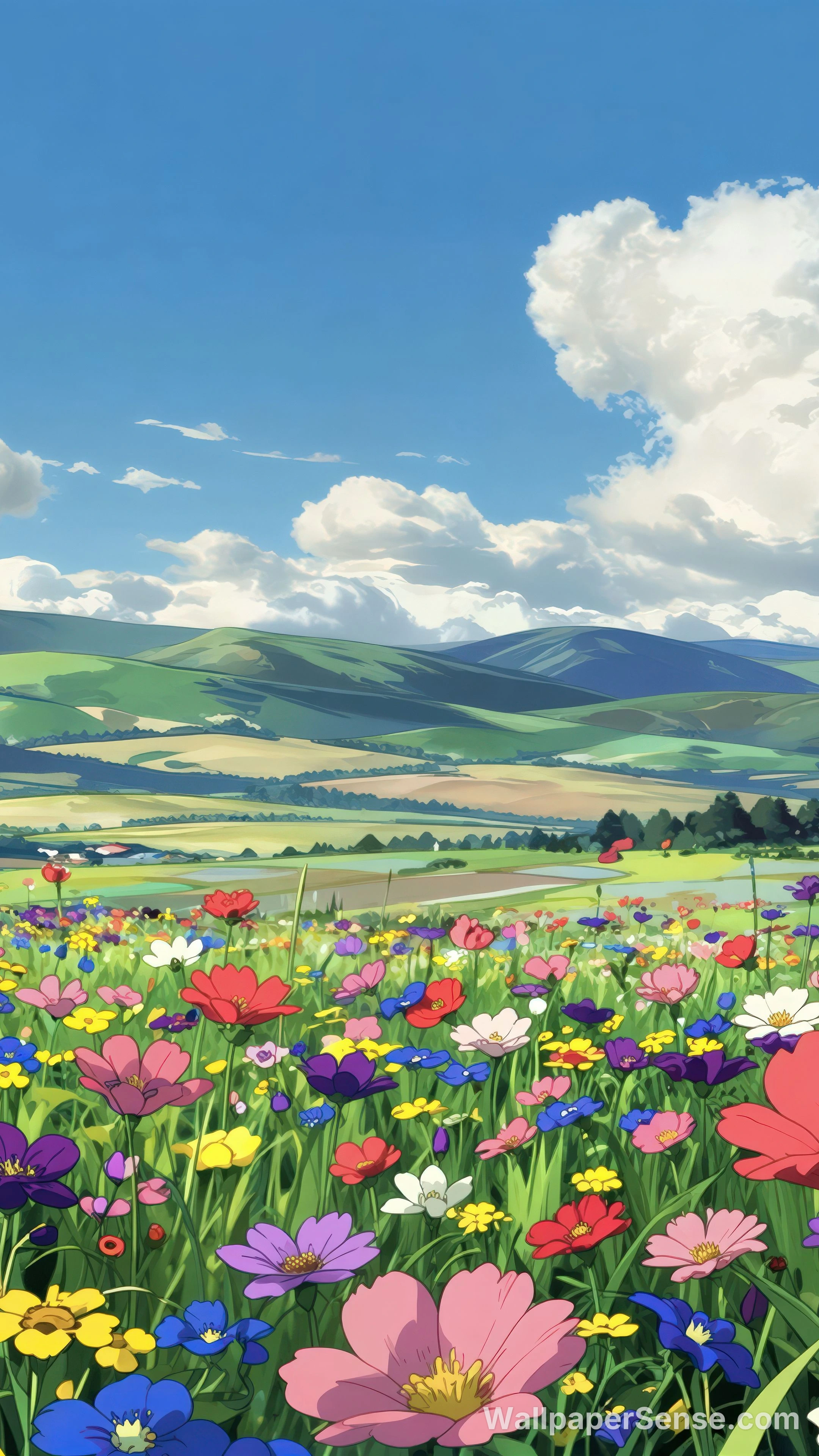 Studio Ghibli-stil blomsterfelt 8K Ultra HD mobilbakgrunn - Premium wallpaper in 2511x4464 resolution