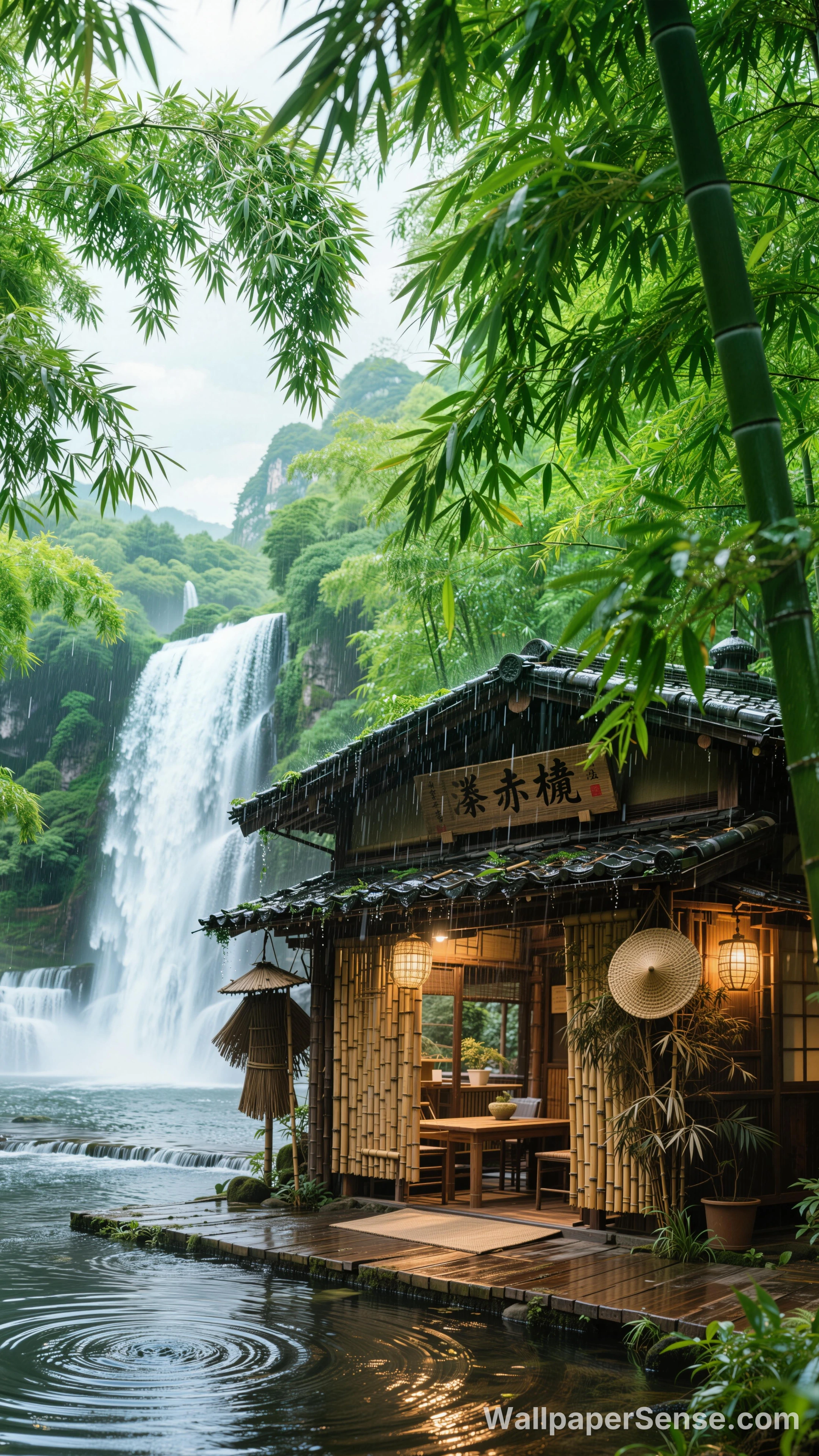 Japansk bambus-tehus med vandfald – 8K ultra HD baggrundsbillede