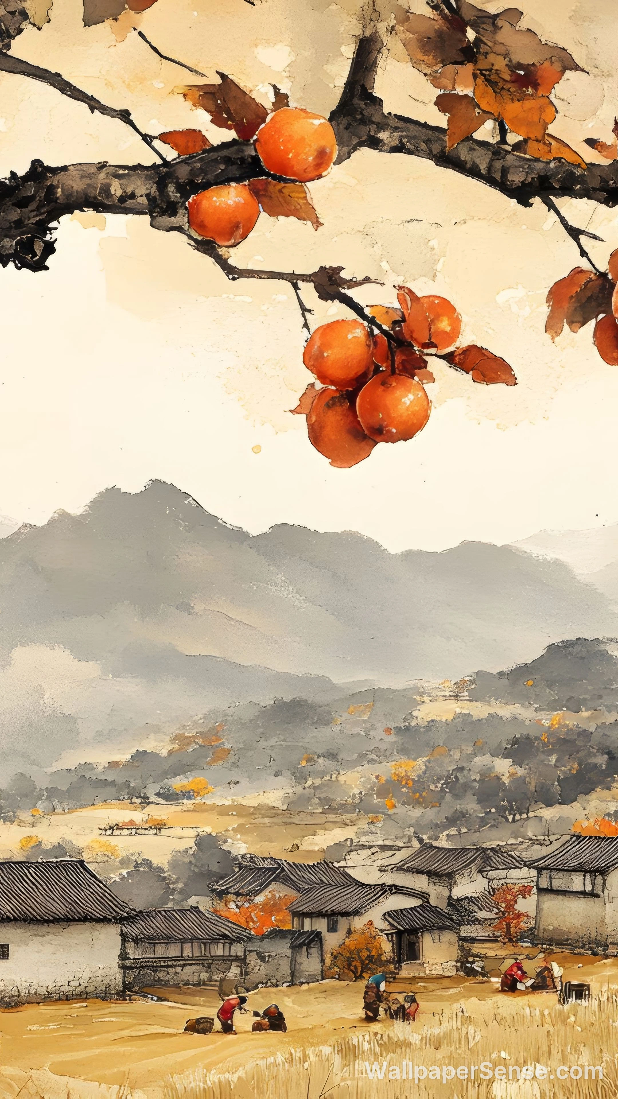 Chinese Style Persimmon Tree 8K Ultra HD Desktop Wallpaper