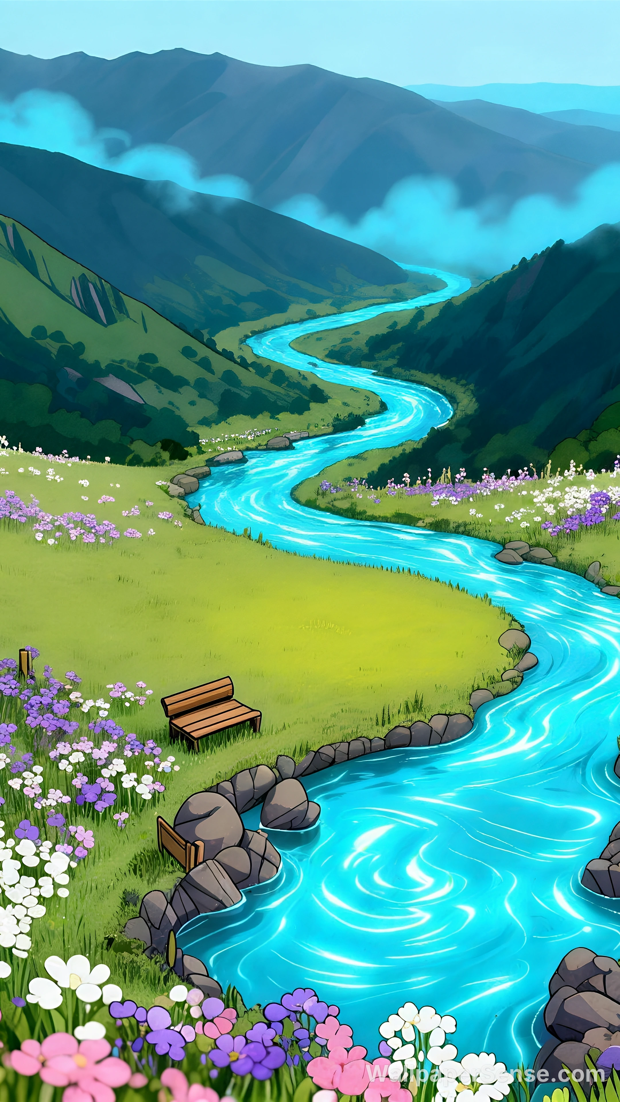 Cartoon-Style Stream Valley 4K Desktop Wallpaper