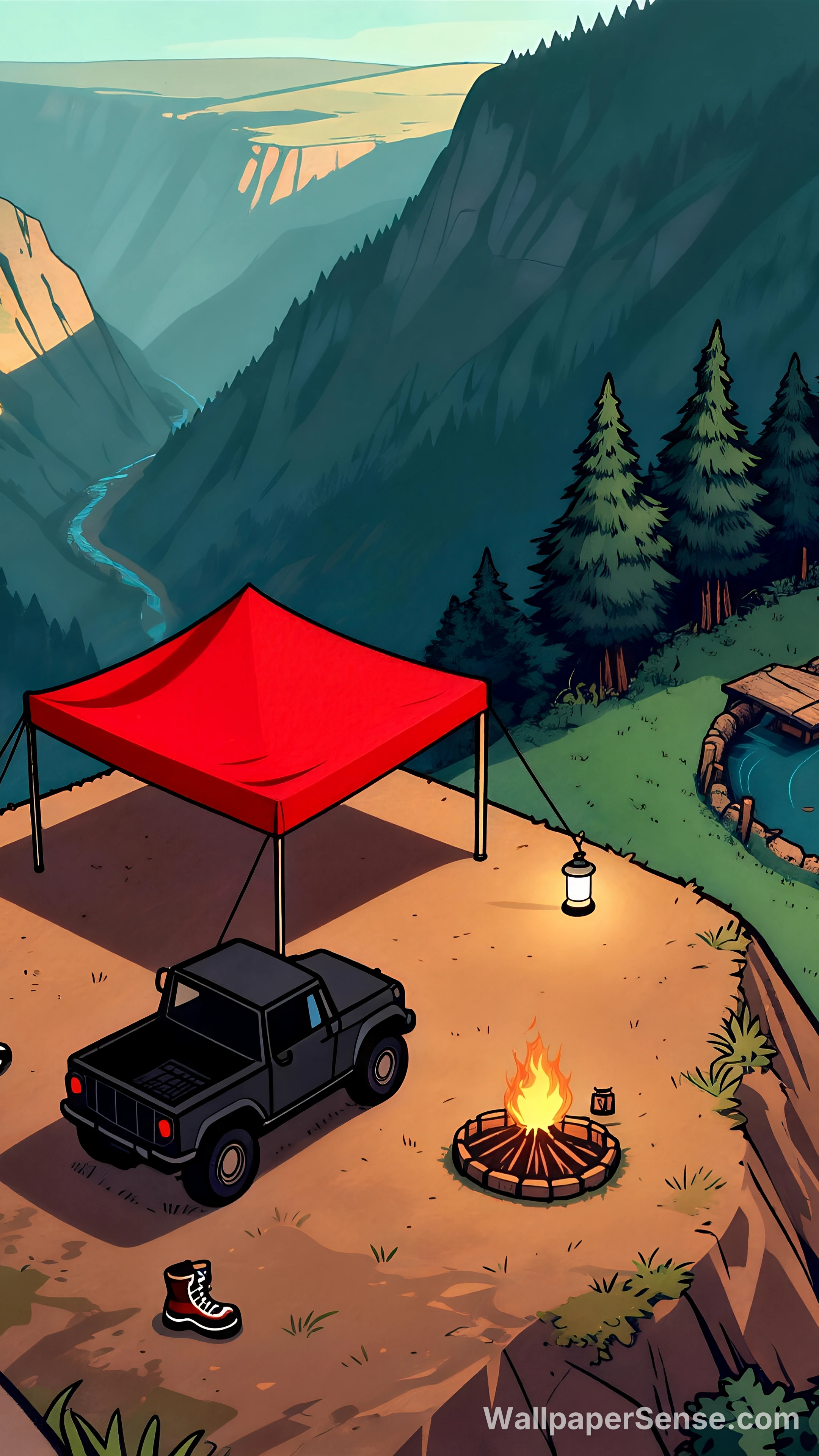 Cartoon-Style Mountain Camping 4K Desktop Wallpaper