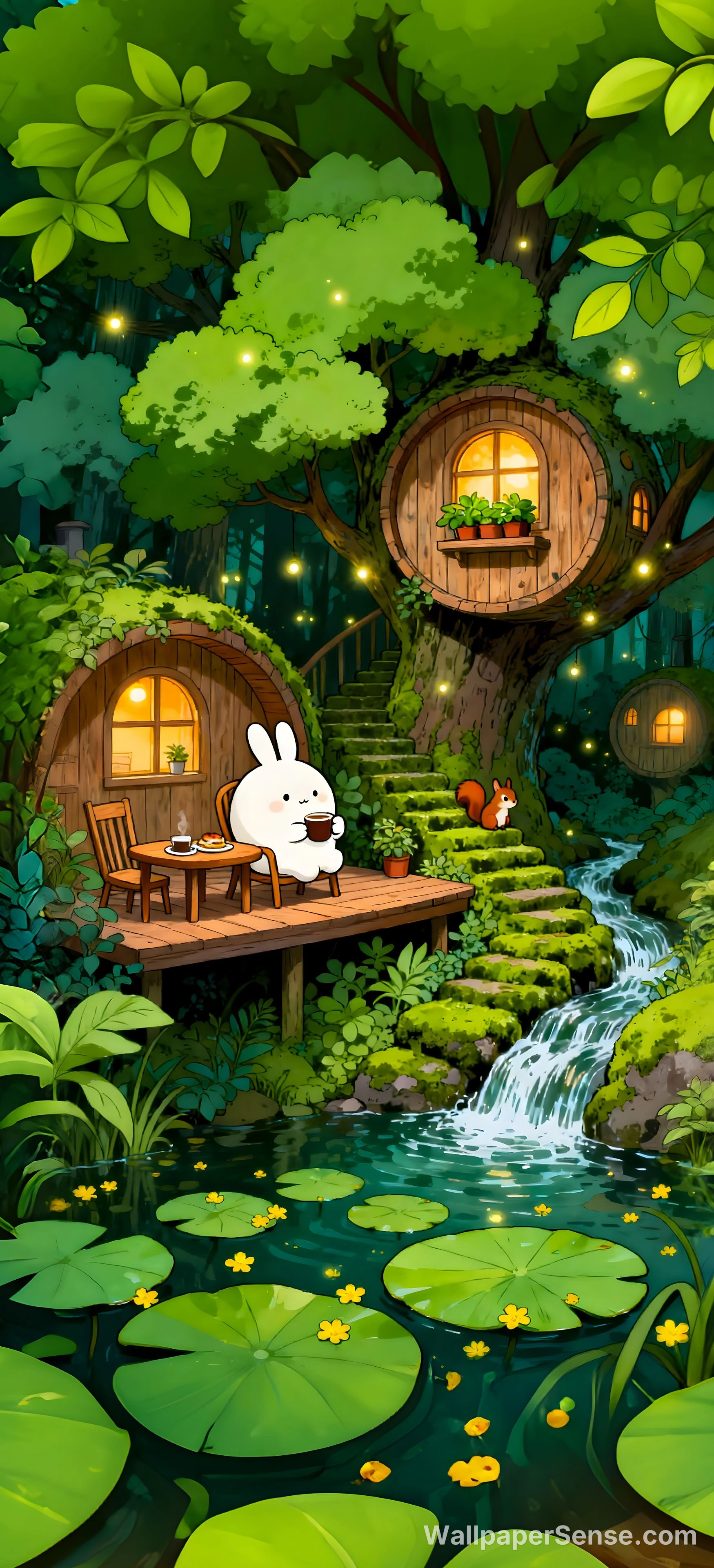 Oriental Art Forest Treehouse 8K Ultra HD Phone Wallpaper
