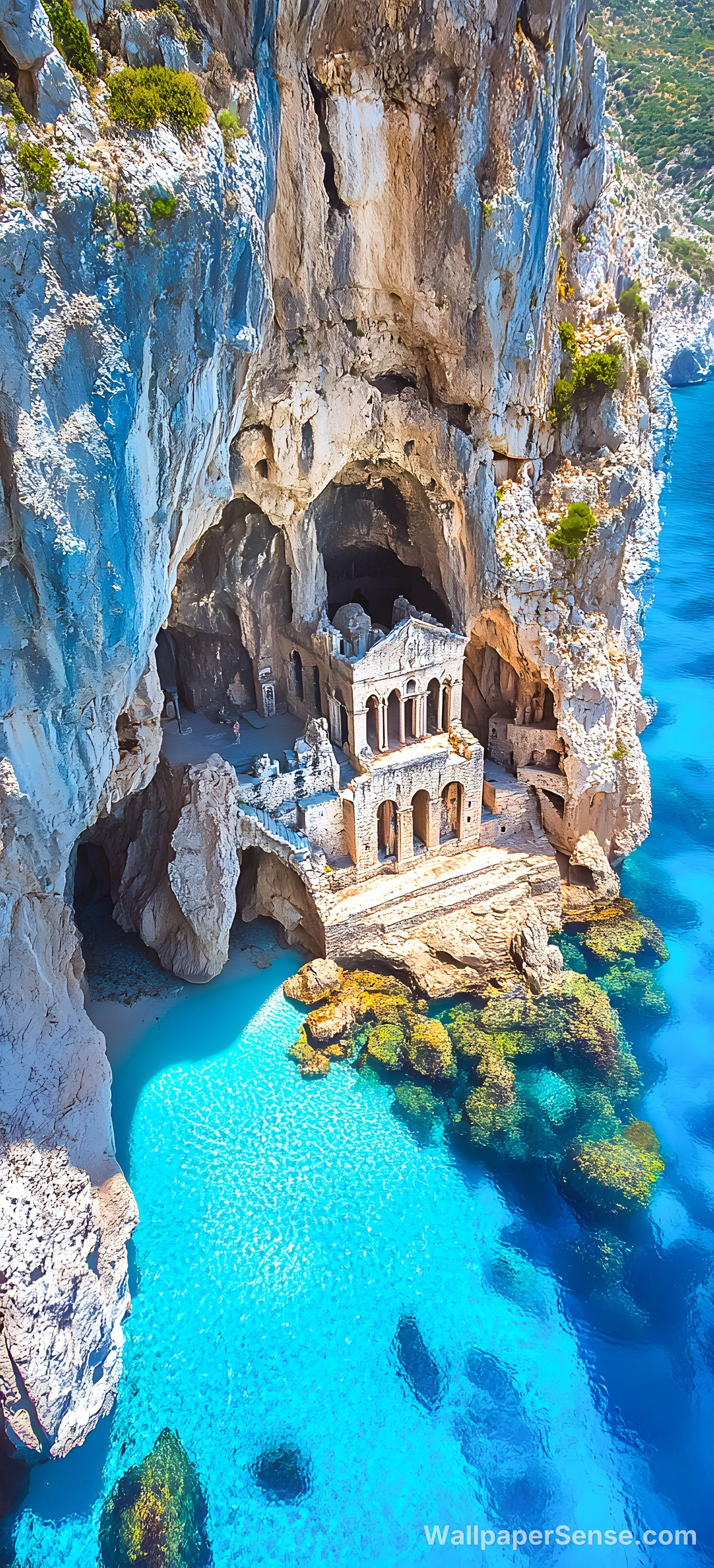 Mediterránský chrám na skalním okraji 8K Ultra HD mobilní pozadí