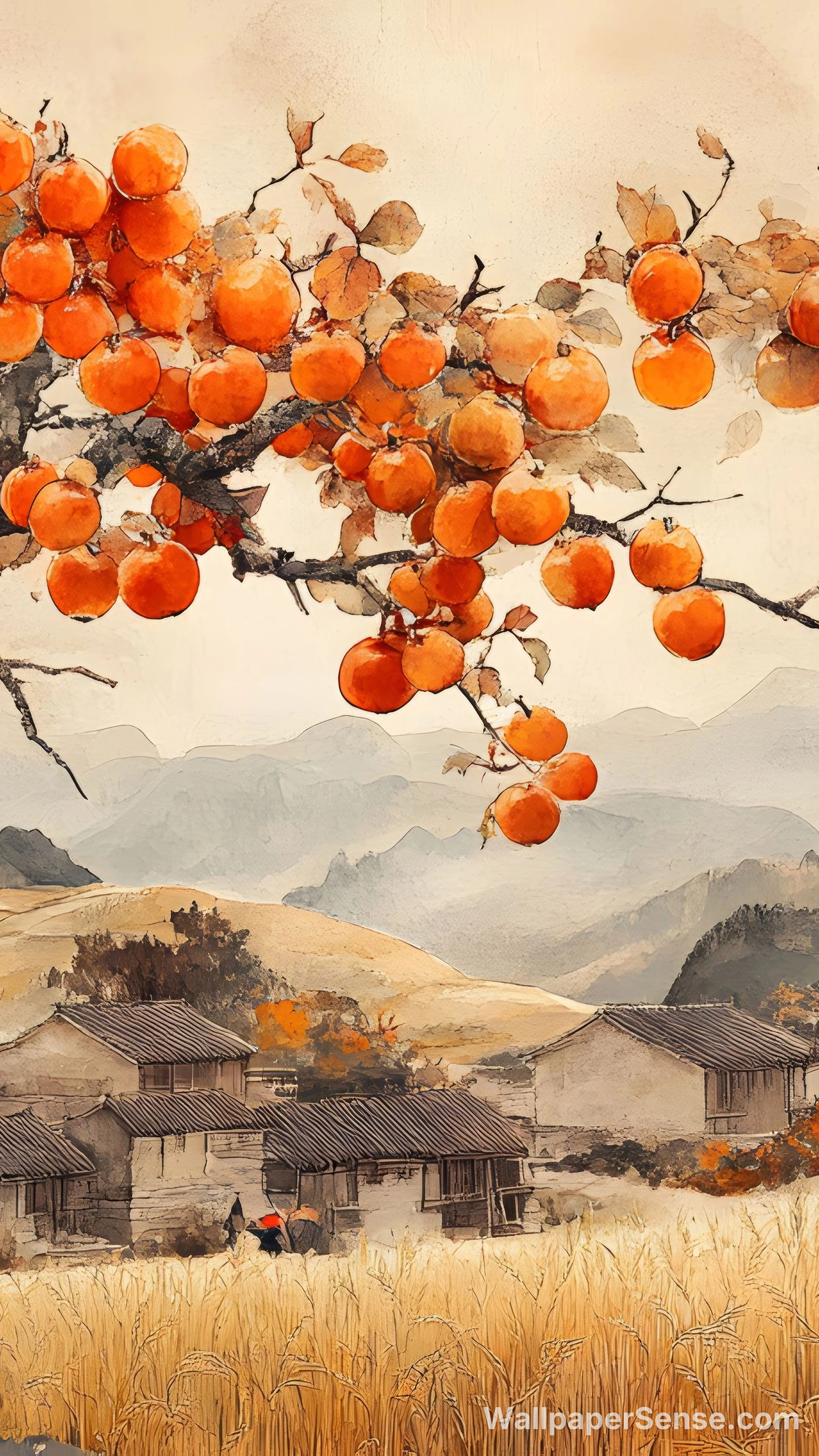 Chinese Style Persimmon Tree 8K Ultra HD Desktop Wallpaper