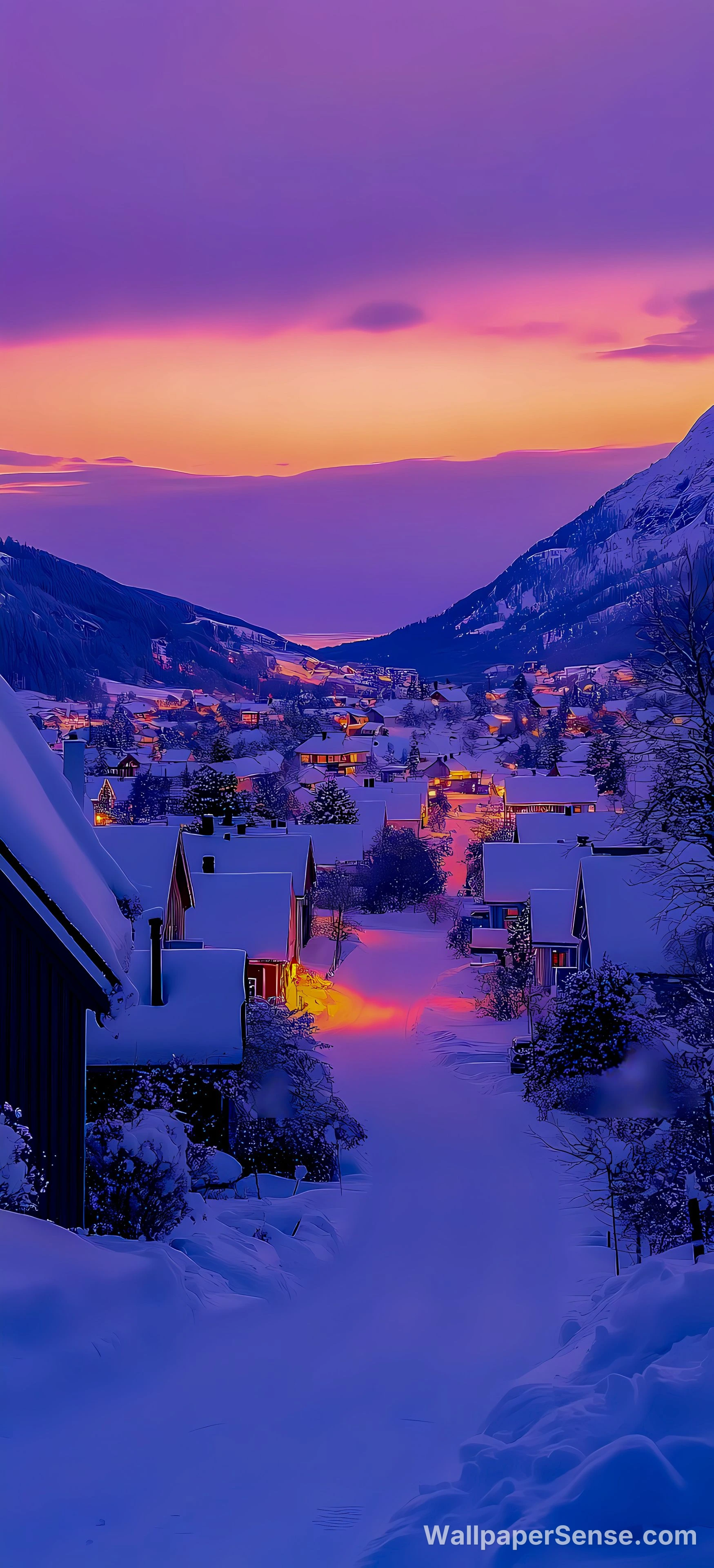 Sunset d'un village hivernal des Alpes 8K Ultra HD pour téléphone
