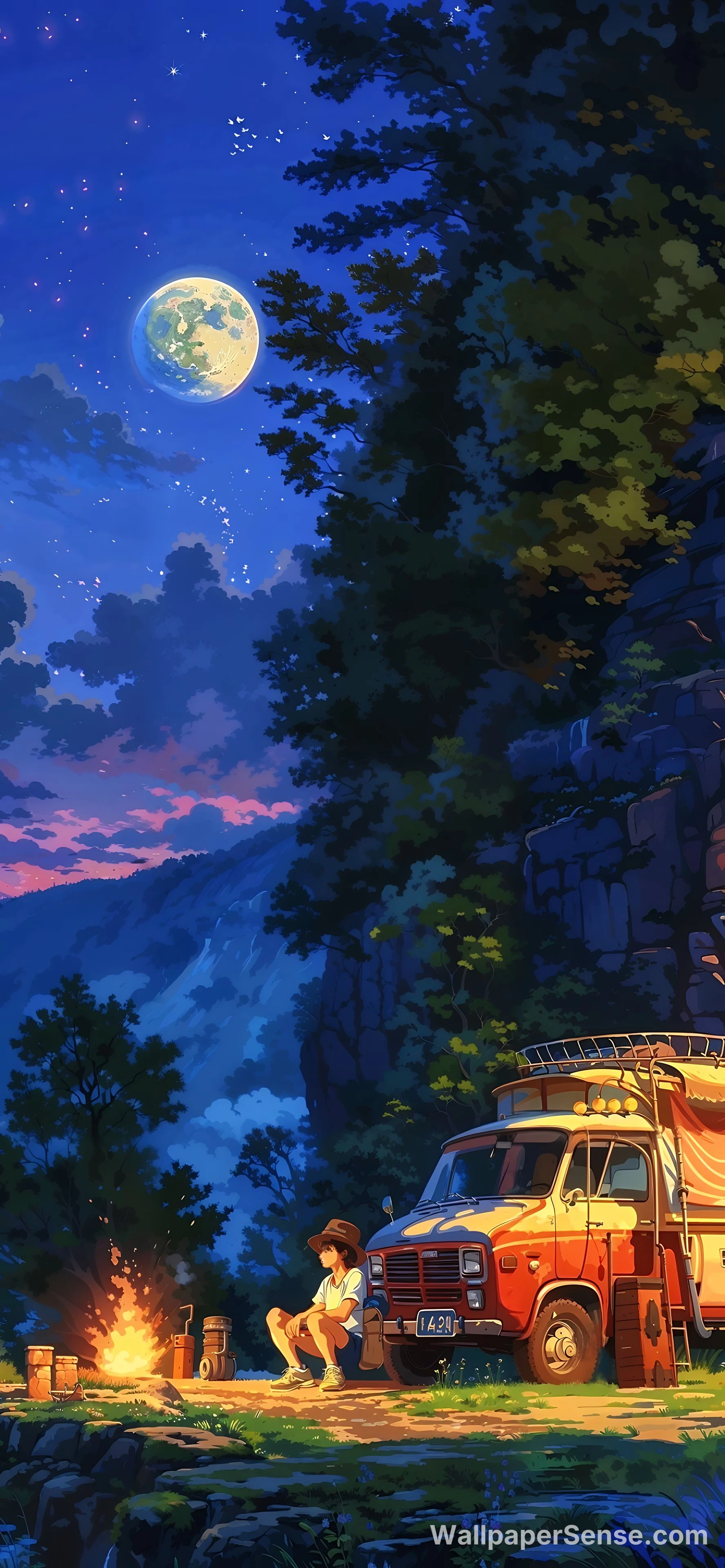Anime-Nachttentoonbeeld Kamperen bij het vuur 8K Ultra HD Telefoonachtergrond
