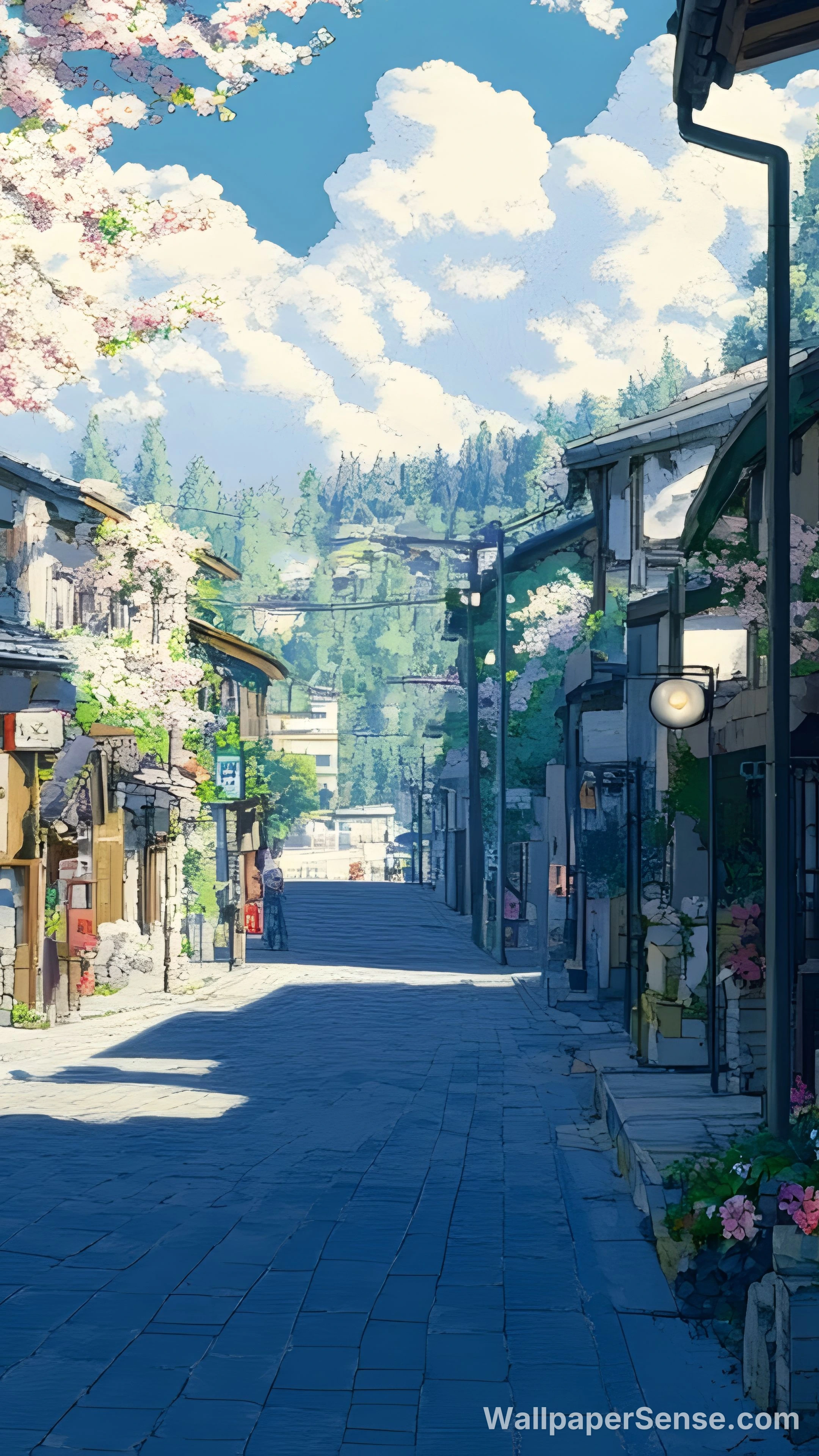 Japonská alej světélkujících čerstvých květů 8K Ultra HD mobilní pozadí