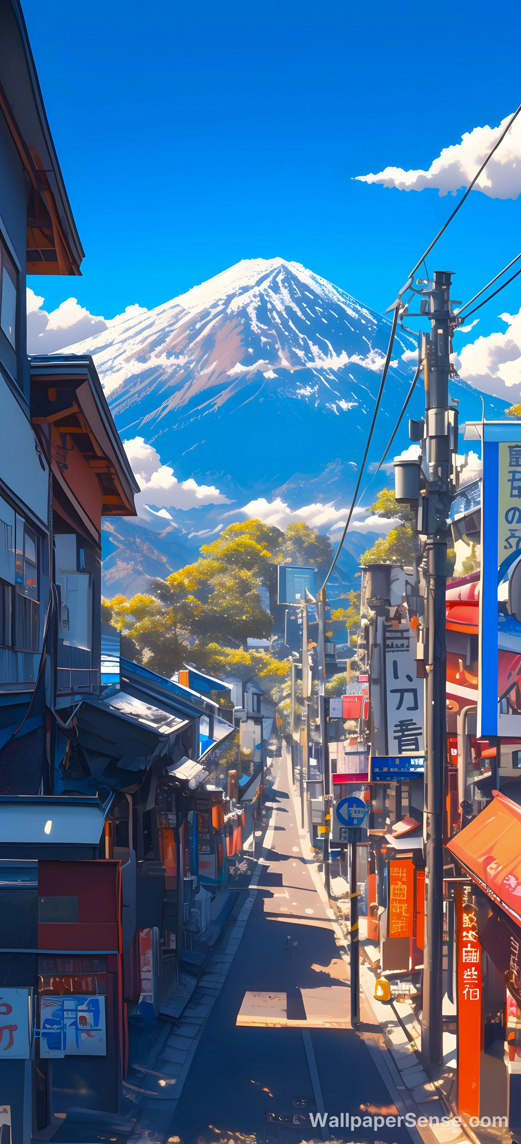 Japonská ulice s horským pohořím Fuji 8K ultra HD mobilní pozadí