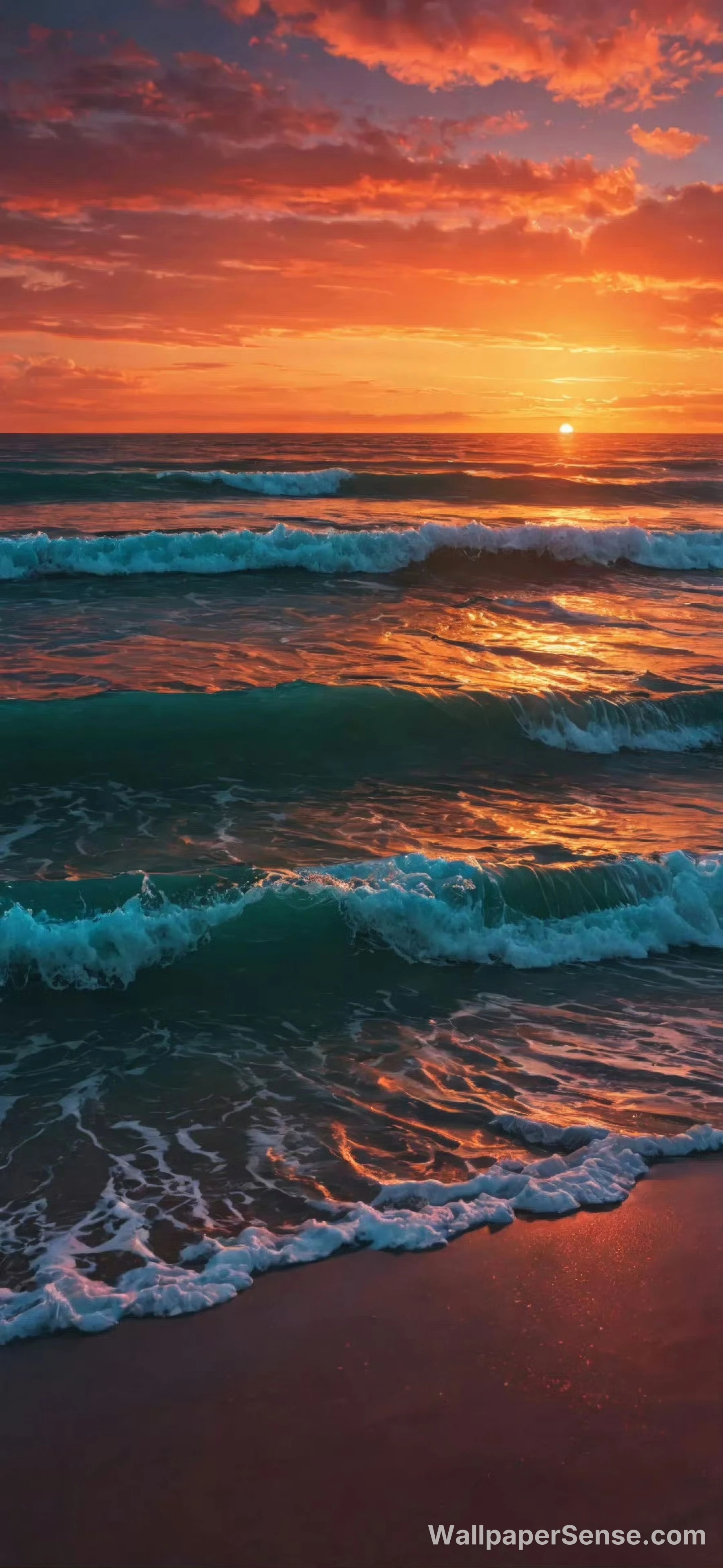 Tropický západ slunce oceánské vlny 8K Ultra HD mobilní pozadí