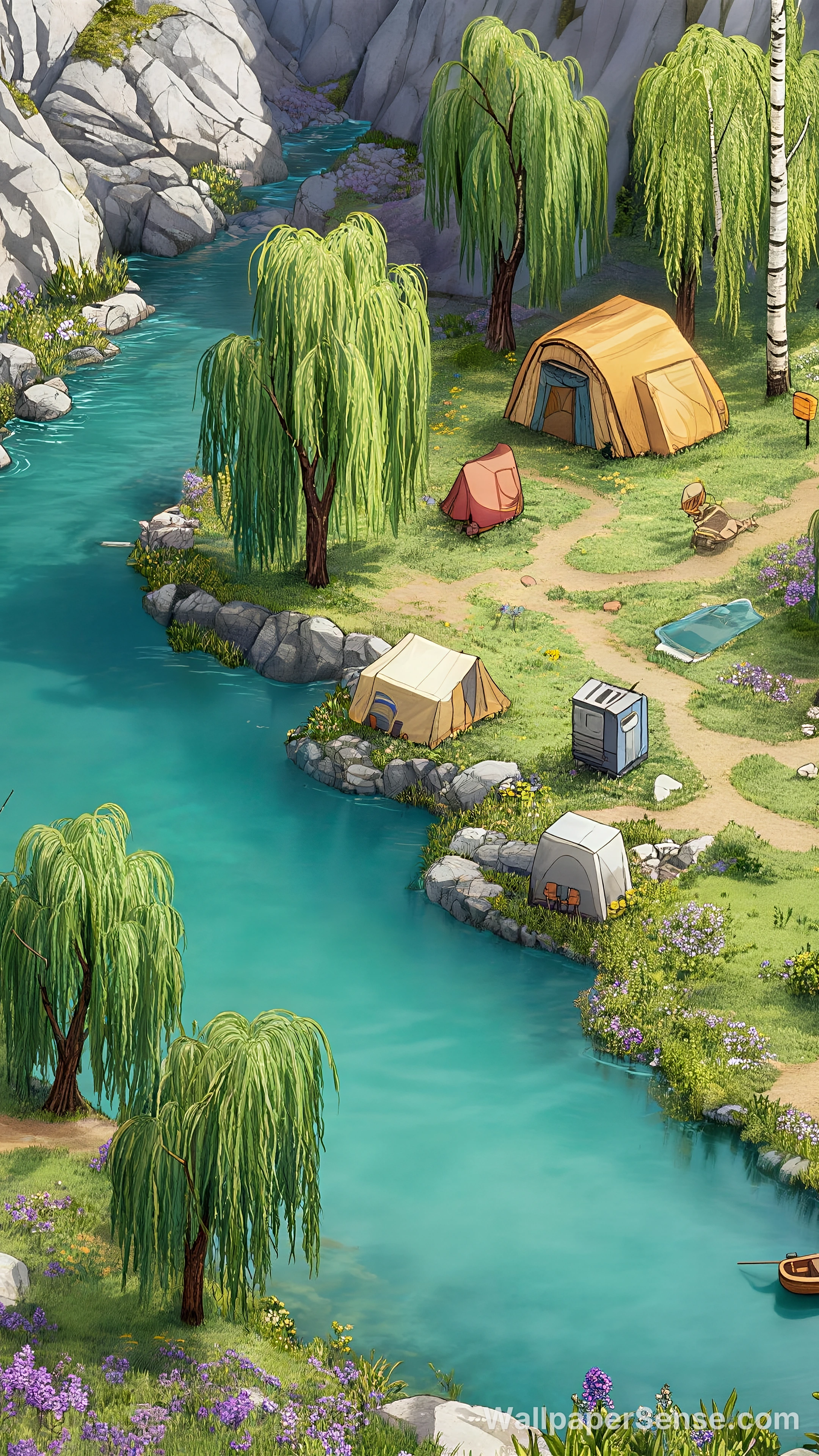 Cartoon-Style Streamside Camping 4K Desktop Wallpaper