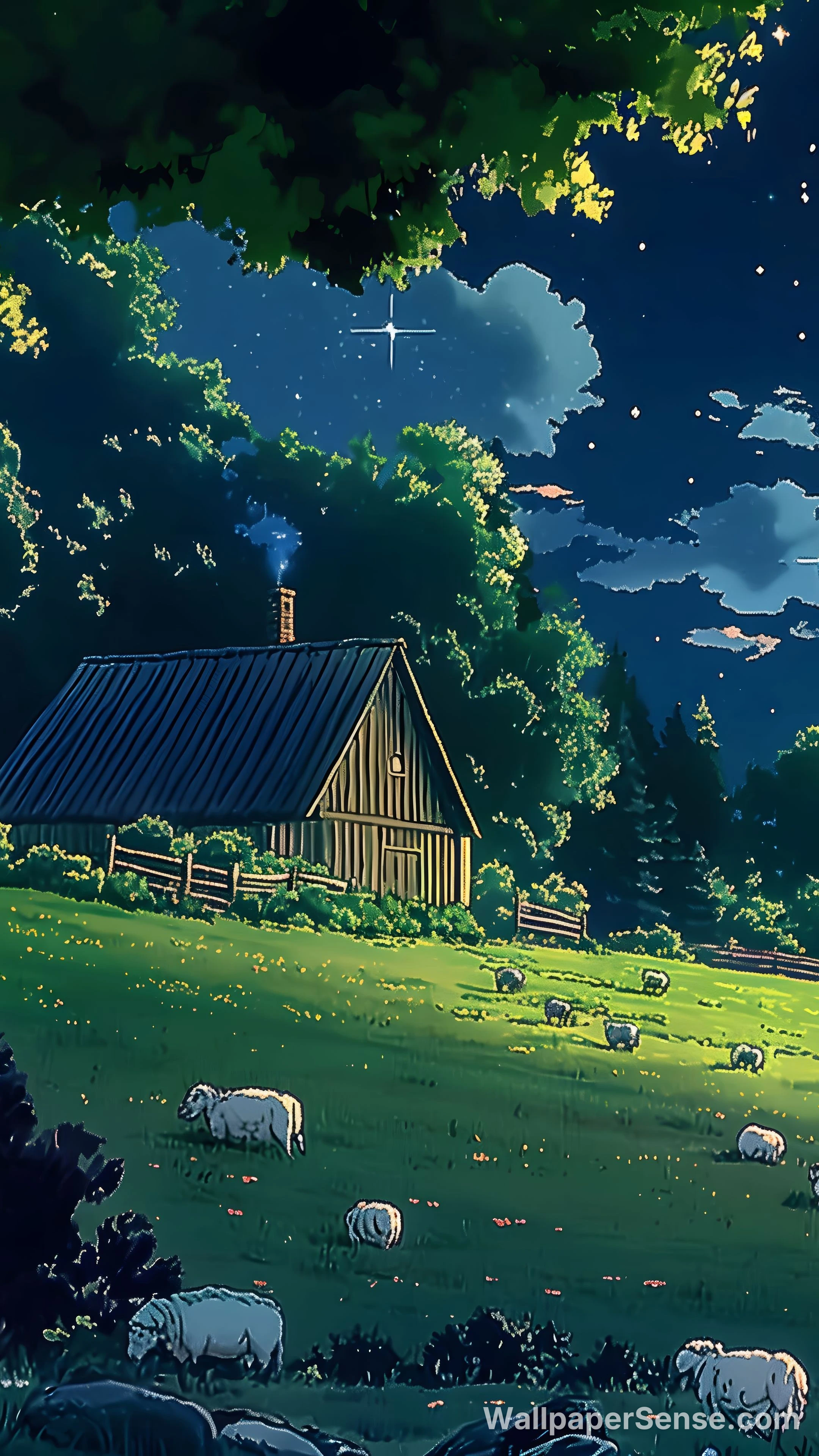 Miyazaki-Style Night Village House 8K Desktop Wallpaper