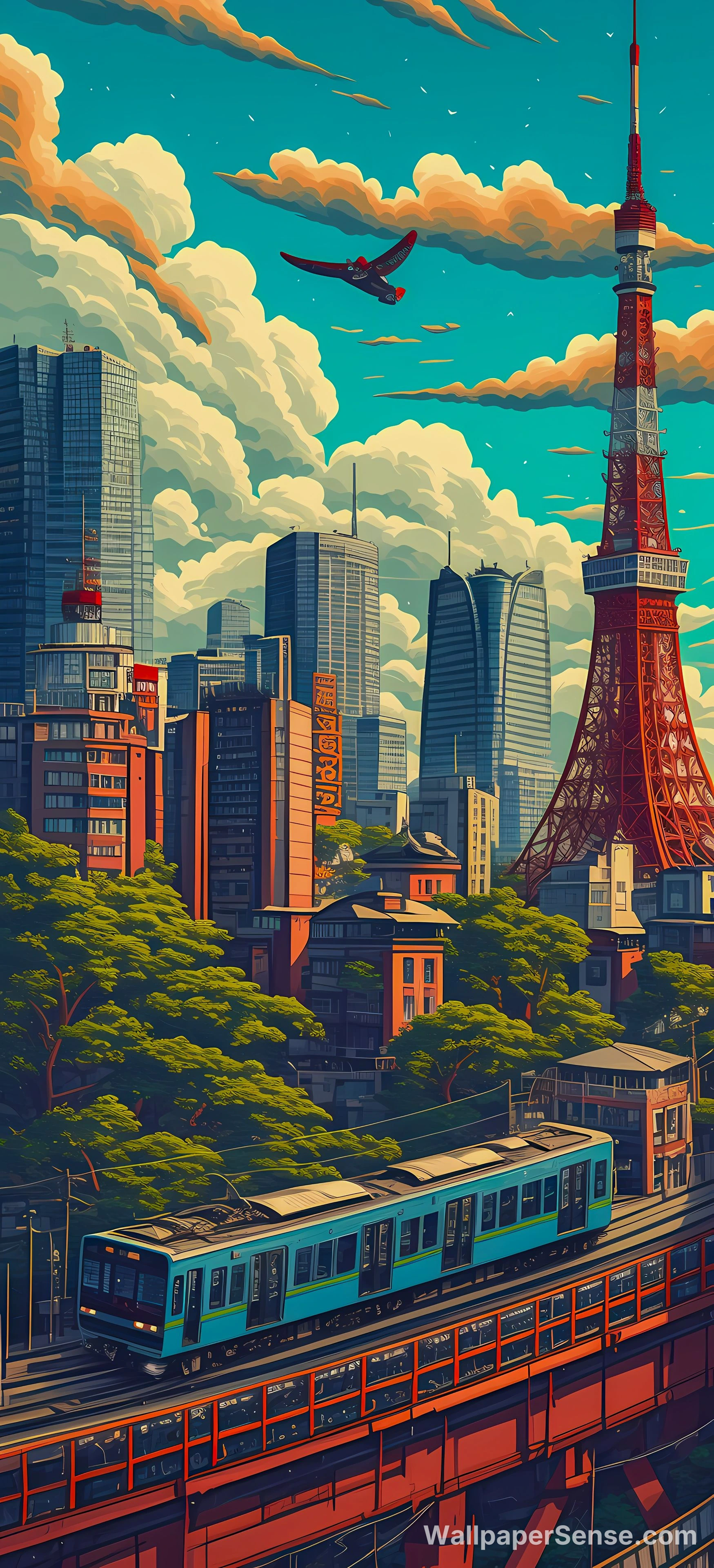 Japonský anime přehled města Tokio 8K ultra HD mobilní pozadí