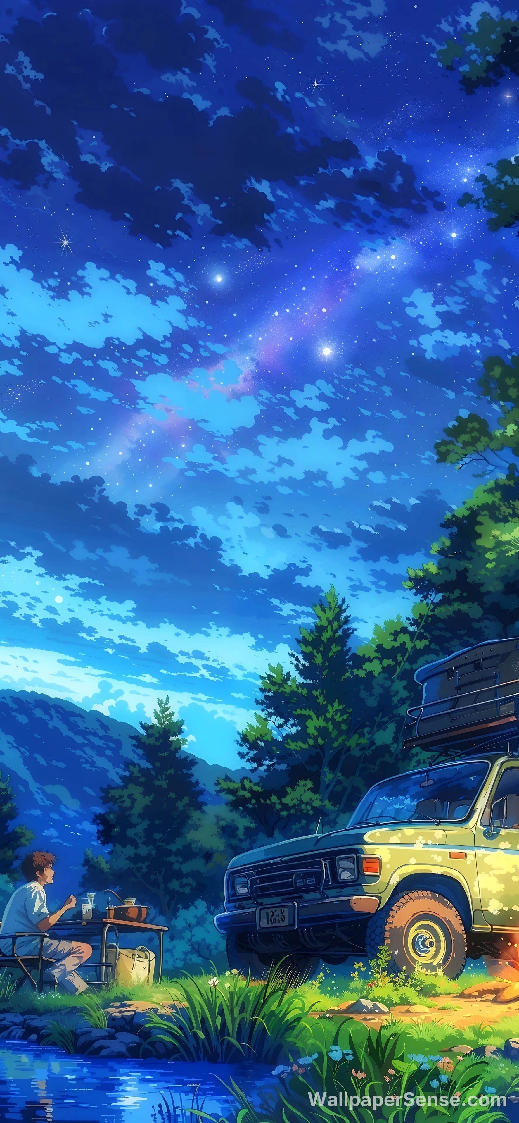 Anime Sterrenhemel Kamperen 8K Ultra HD Telefoonachtergrond