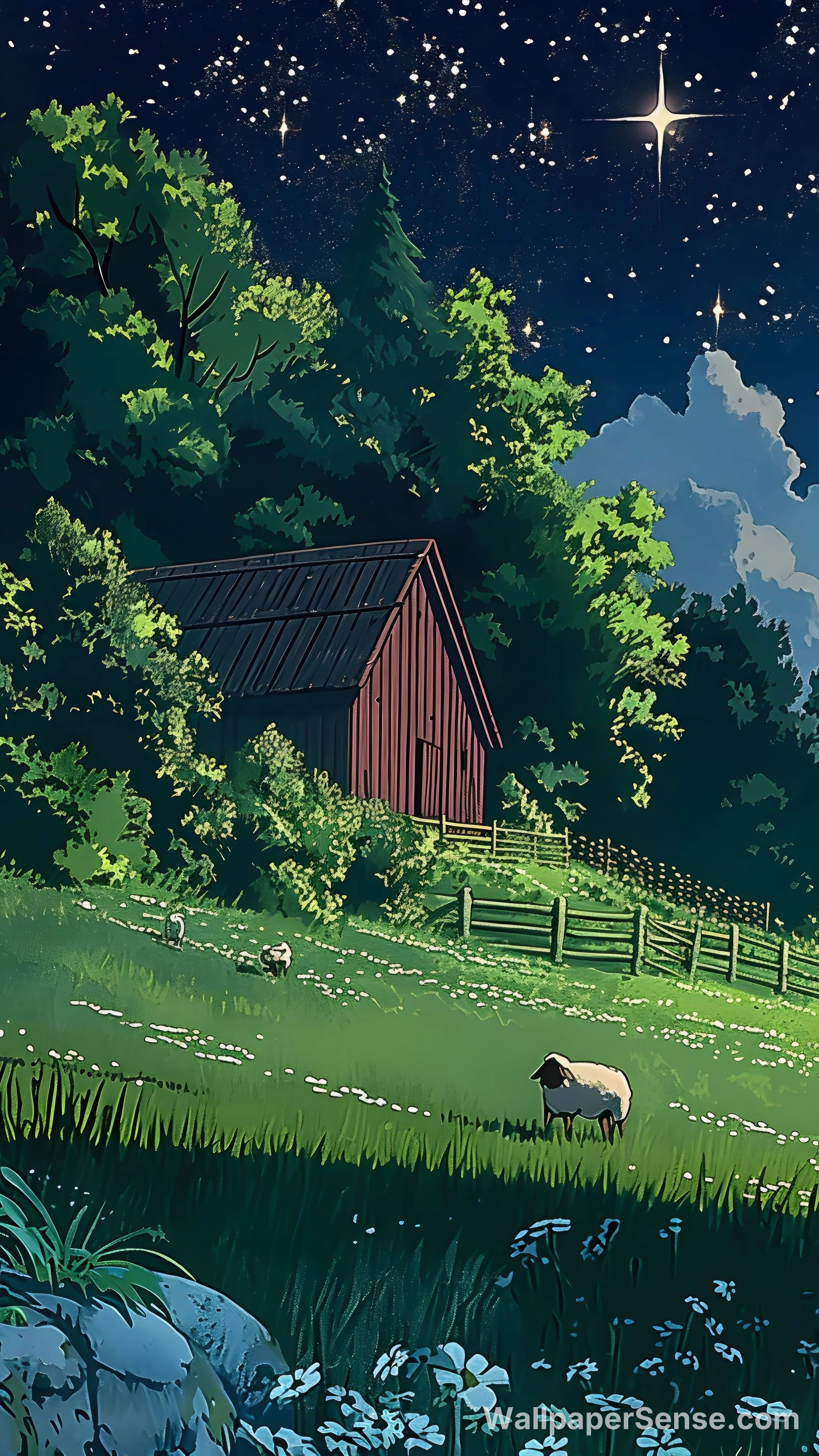 Miyazaki-Style Night Pasture 8K Desktop Wallpaper