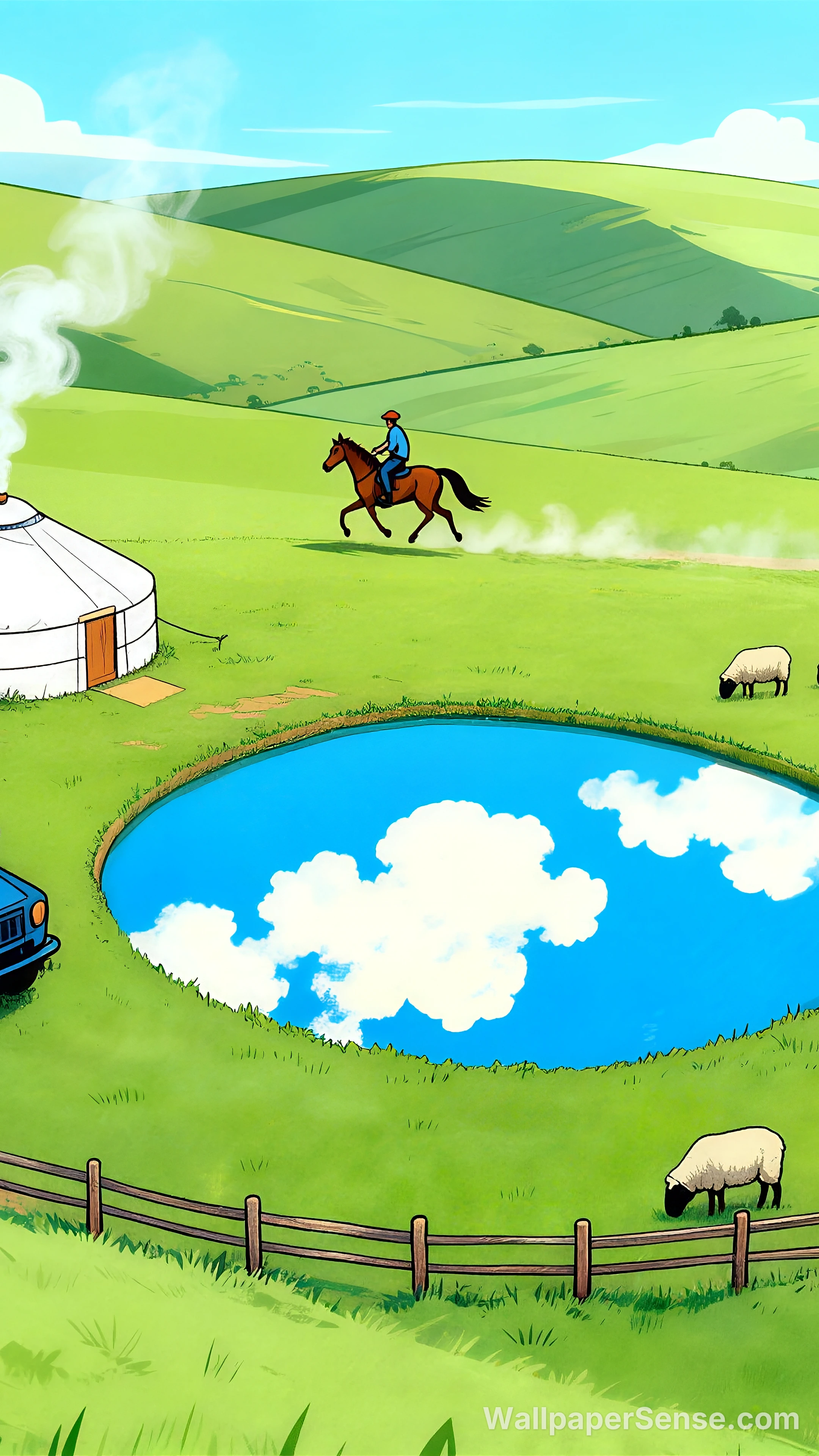 Cartoon Horse Riding on Grassland 4K Desktop Wallpaper