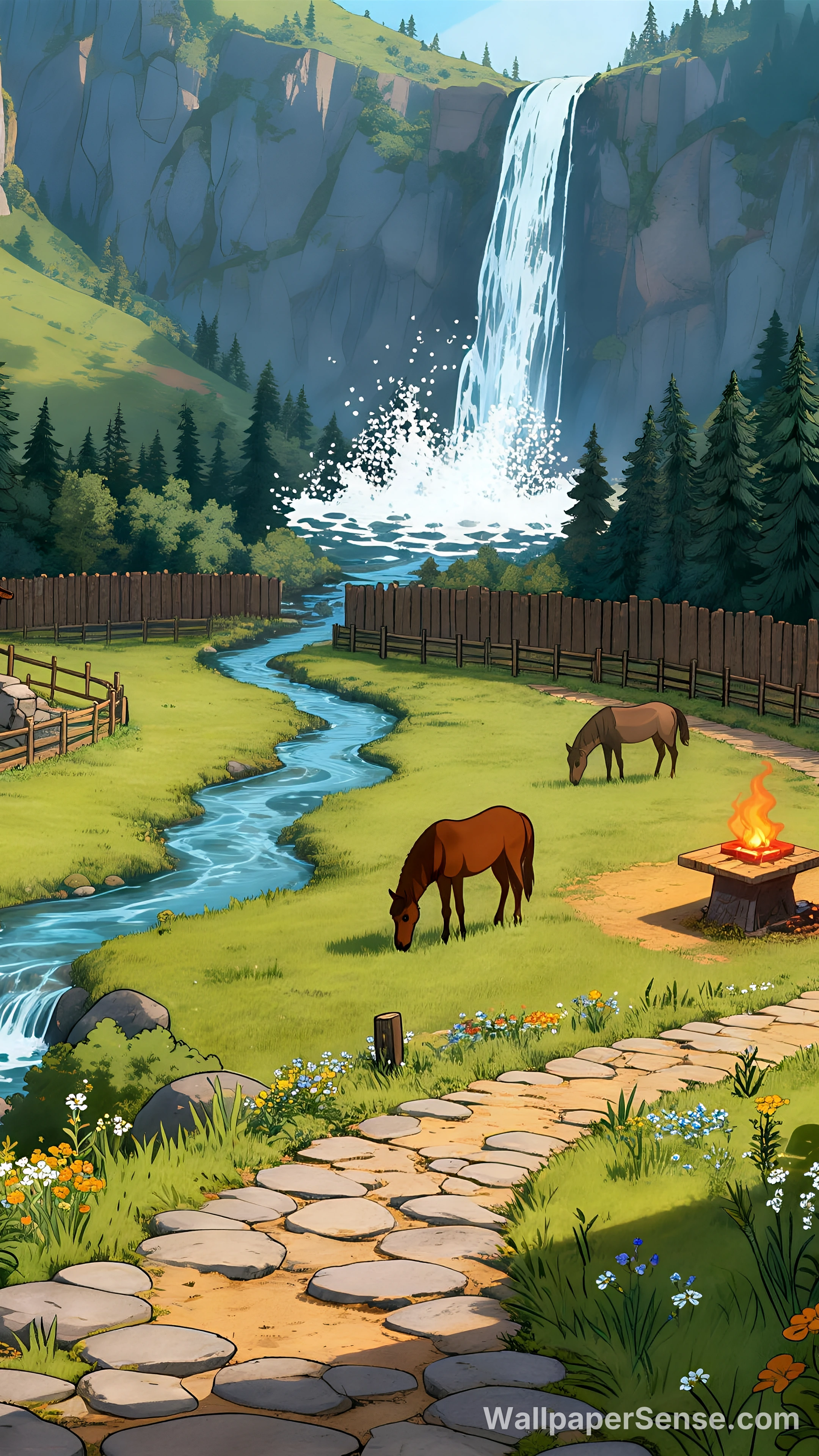 Cartoon-Style Valley Waterfall 4K Desktop Wallpaper