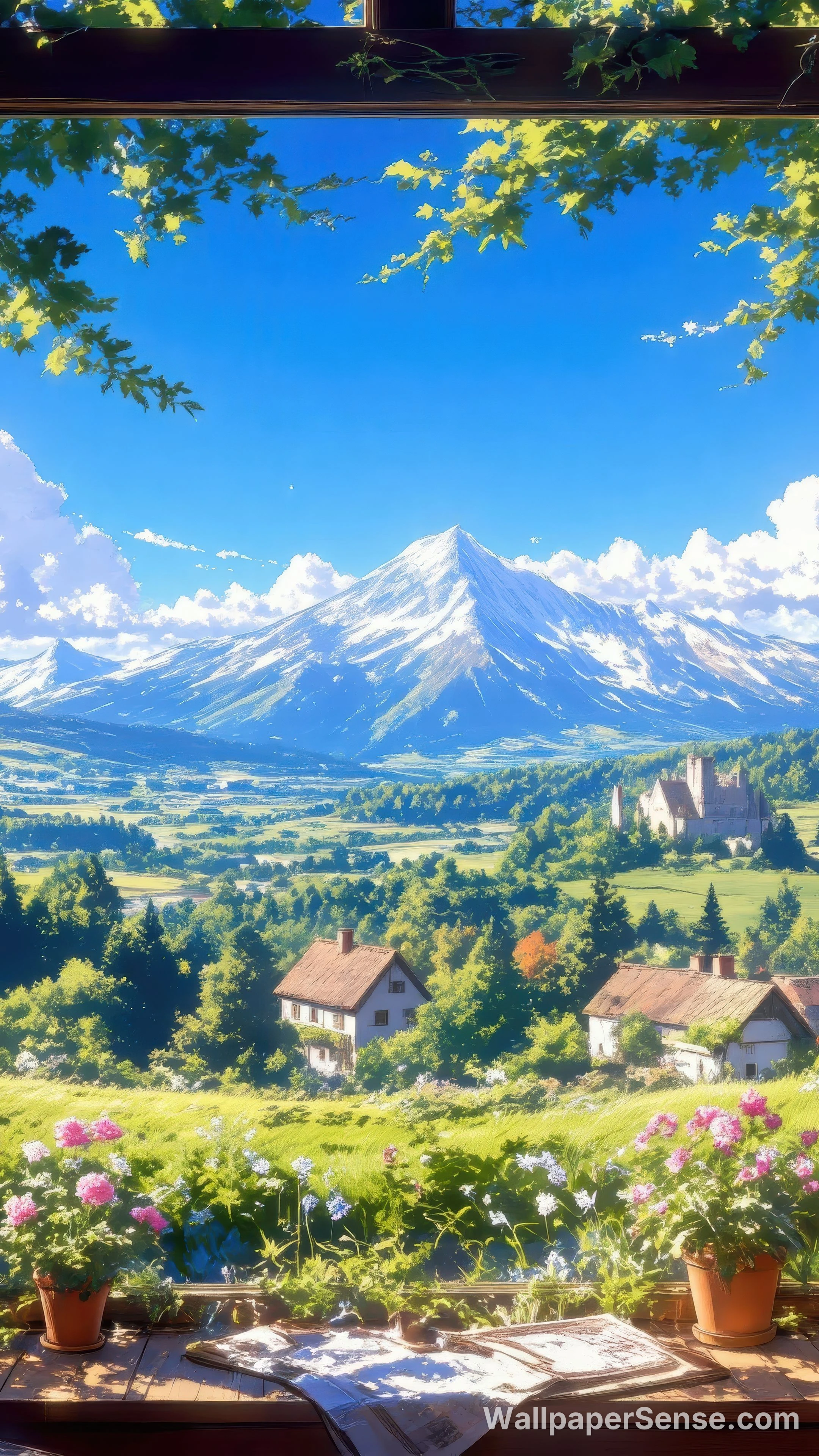 Anime horská údolí 8K Ultra HD mobilní pozadí