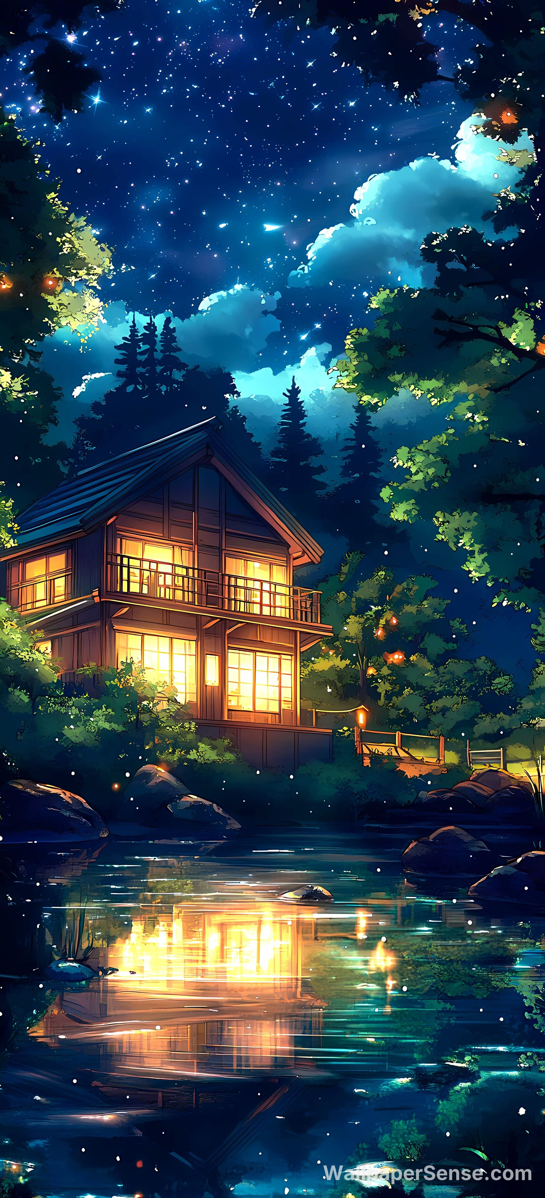 日式森林小屋夜景 8K 超高清手机壁纸