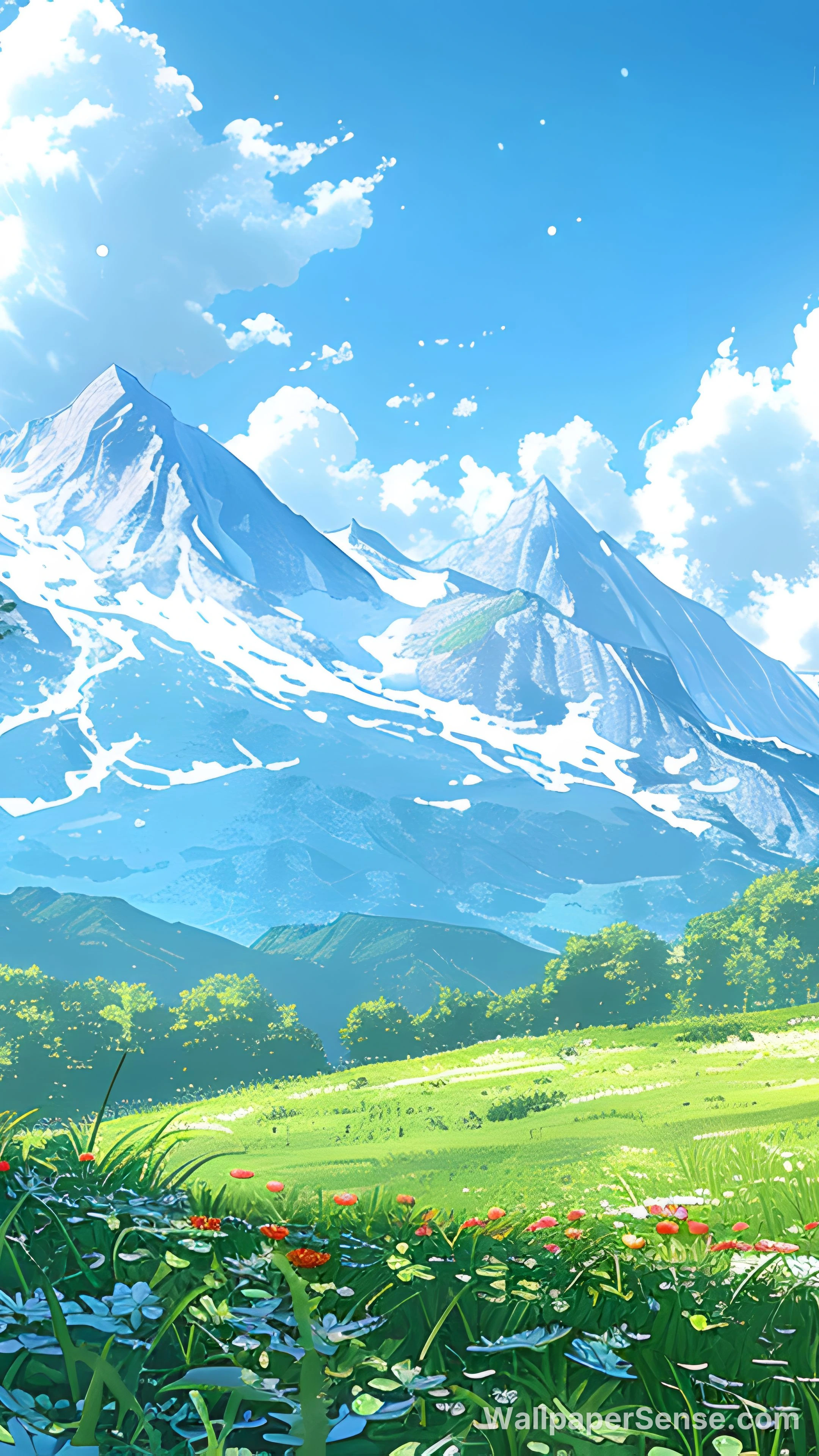 Japanese Anime Snowy Mountains and Grasslands 8K Desktop Wallpaper