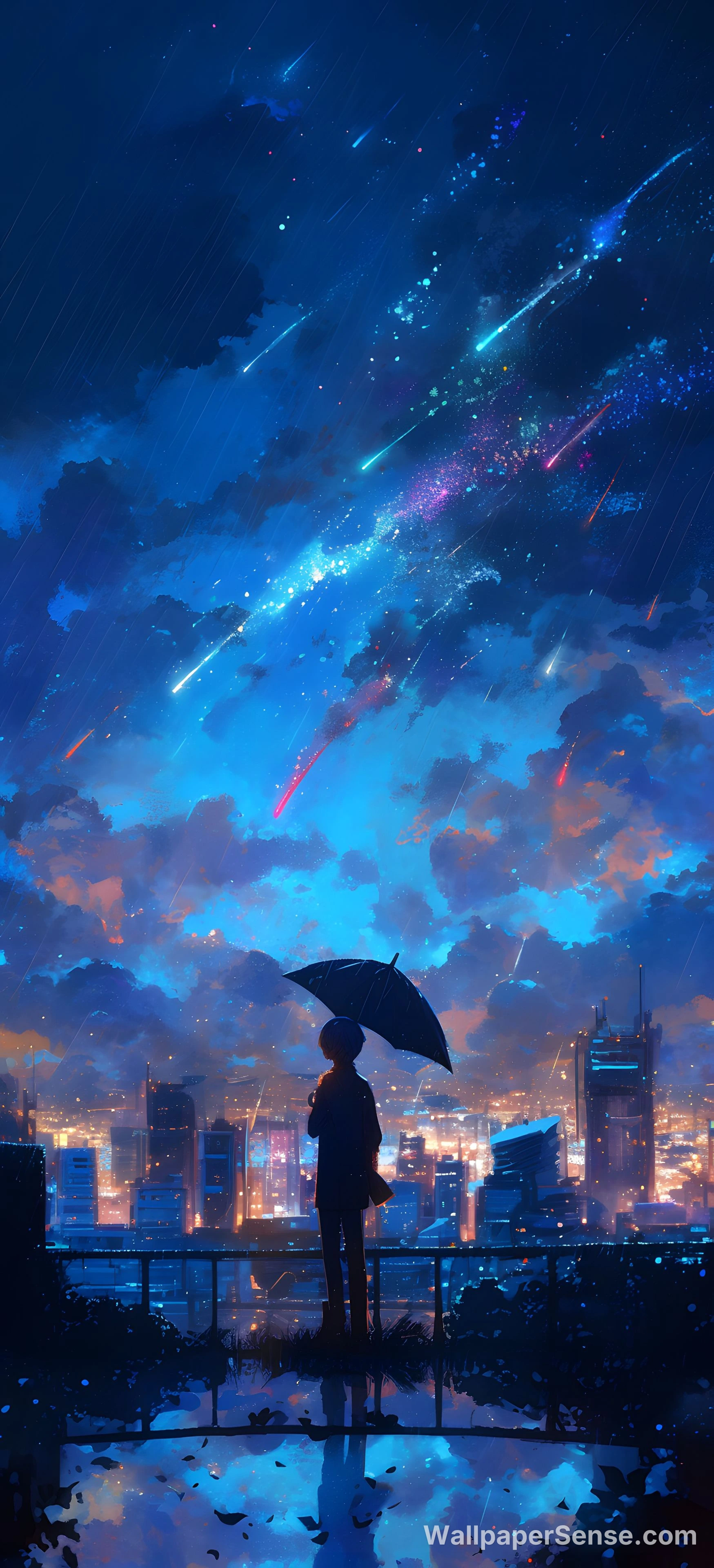 Animekaupungin yötaivas 8K Ultra HD puhelimen taustakuva