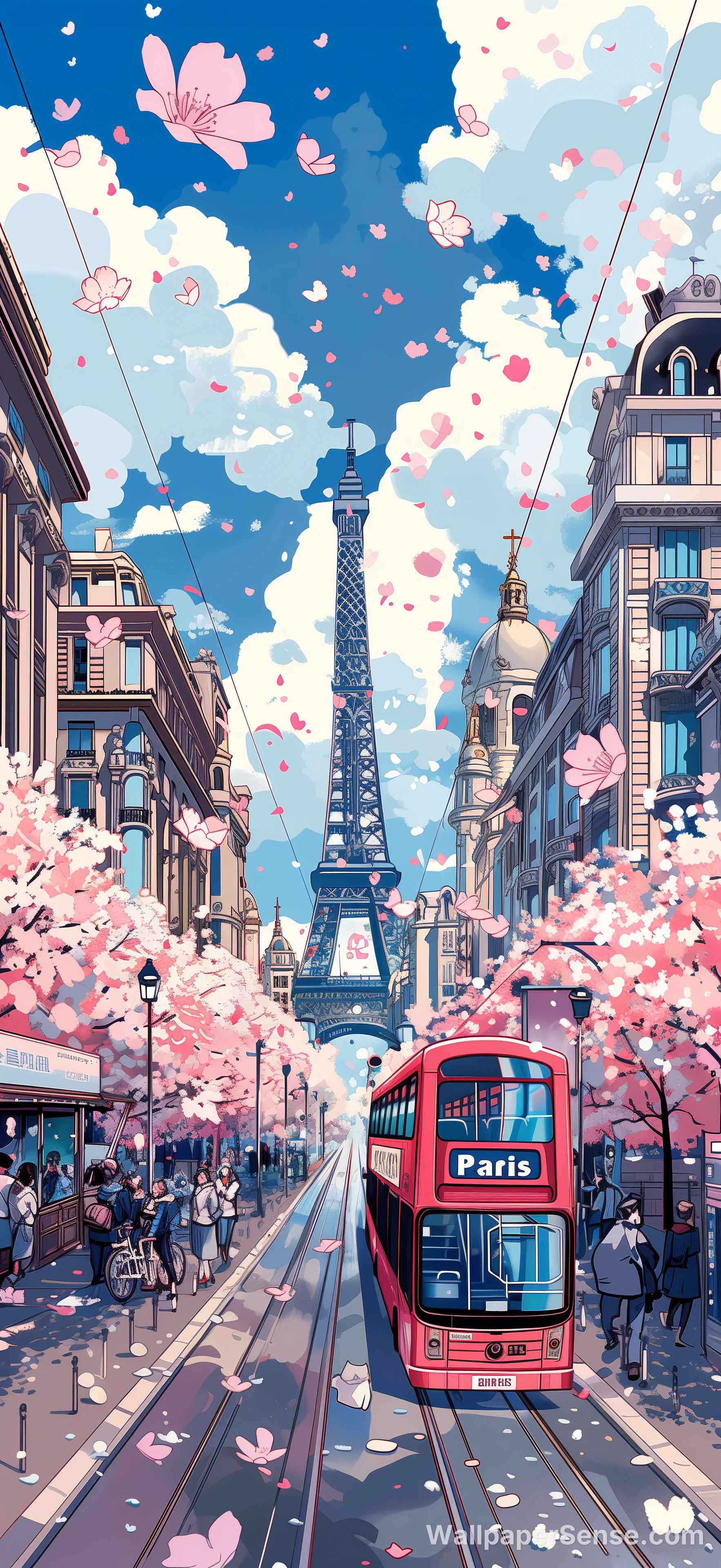 Paris Cherry Blossom Street Scene 8K Ultra HD Desktop Wallpaper
