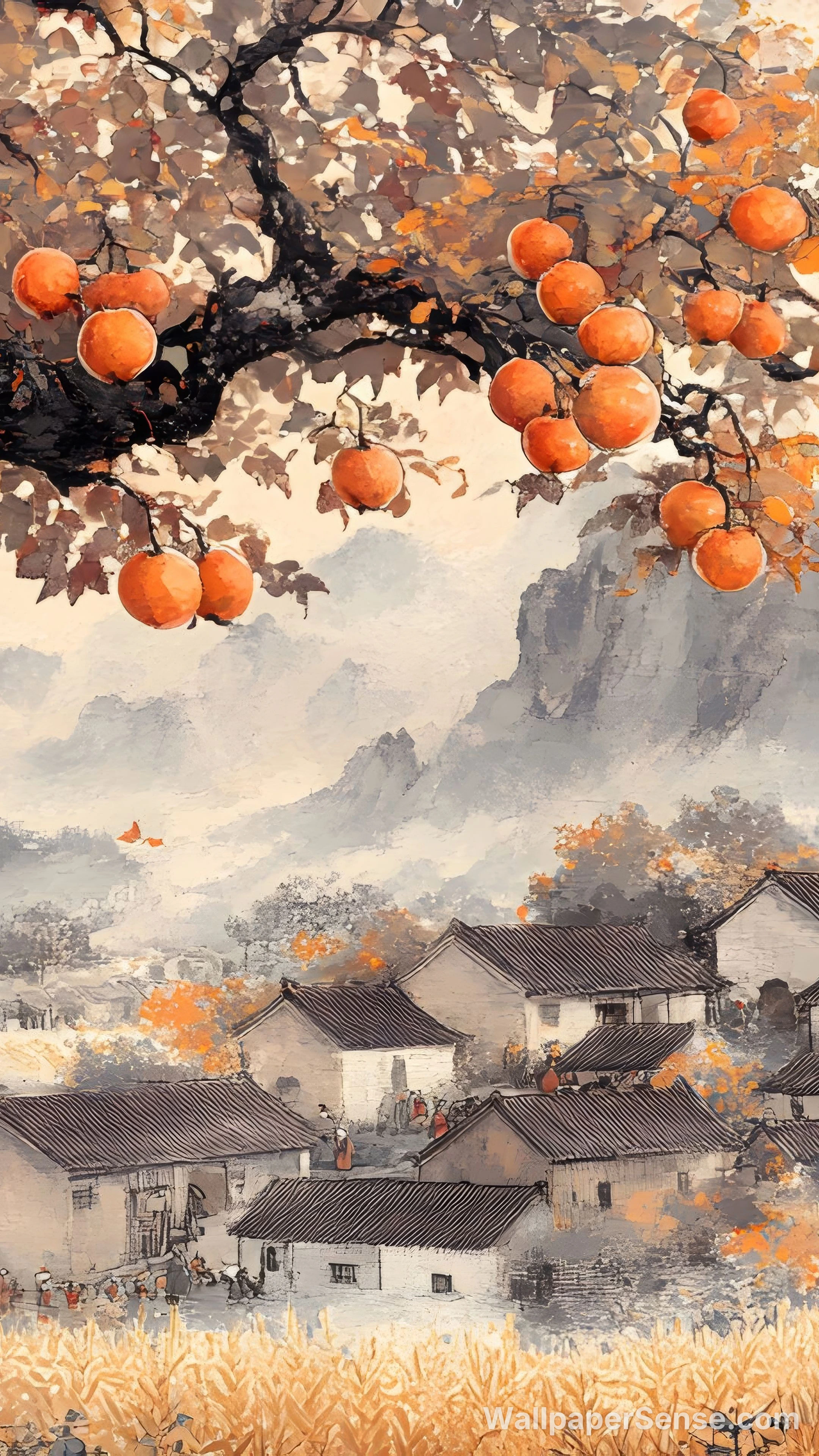 Chinese Style Persimmon Tree 8K Ultra HD Desktop Wallpaper
