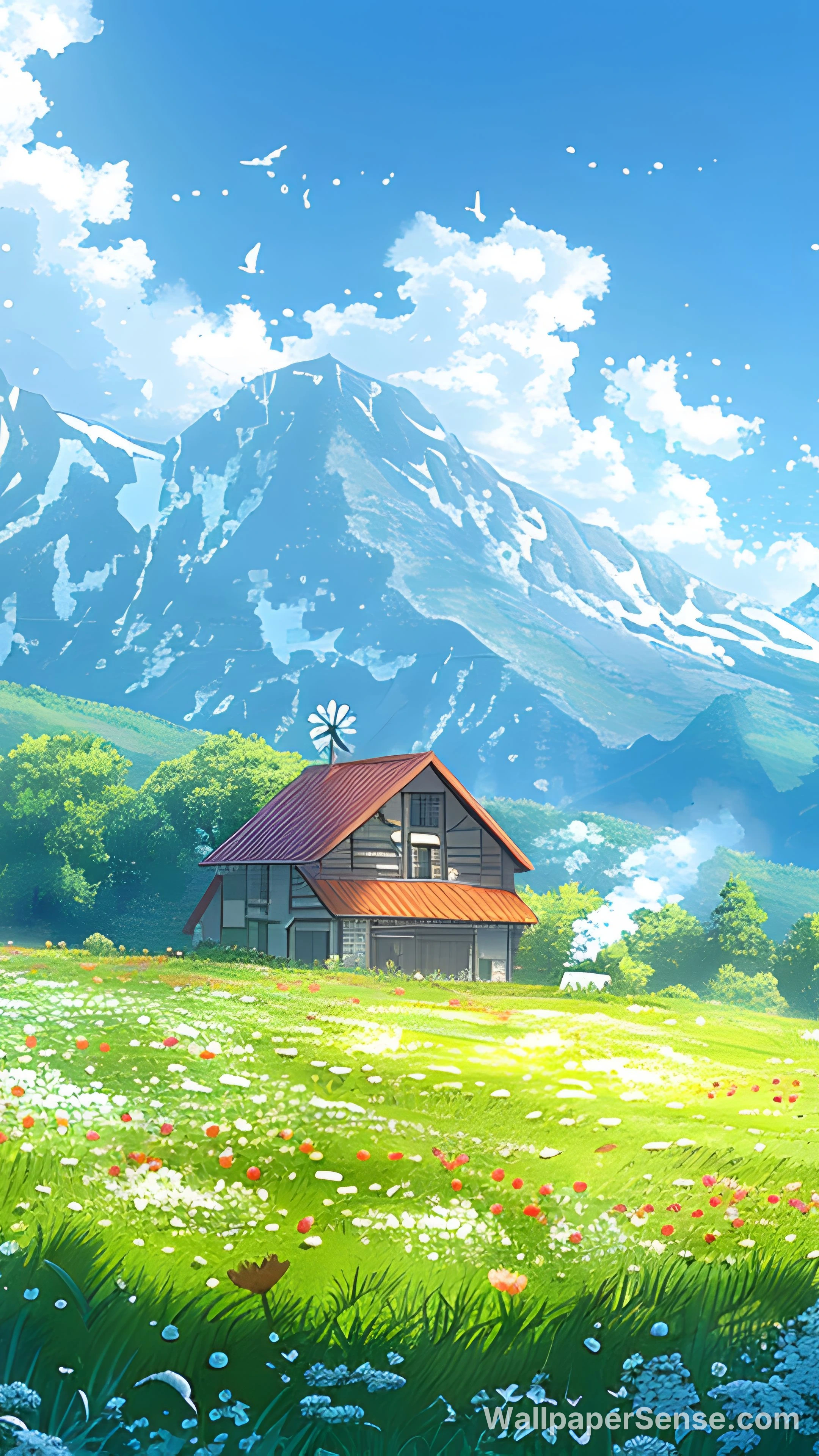 Japanese Anime-Style Mountain Cottage 8K Desktop Wallpaper